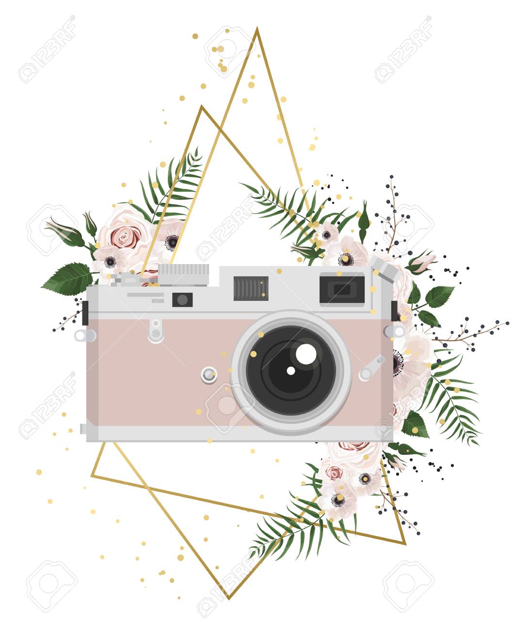Vintage Retro Photo Camera In Flowers, Leaves, Branches On White  Background. Royalty Free SVG, Cliparts, Vectors, and Stock Illustration.  Image 99017735., image size:1093x1300