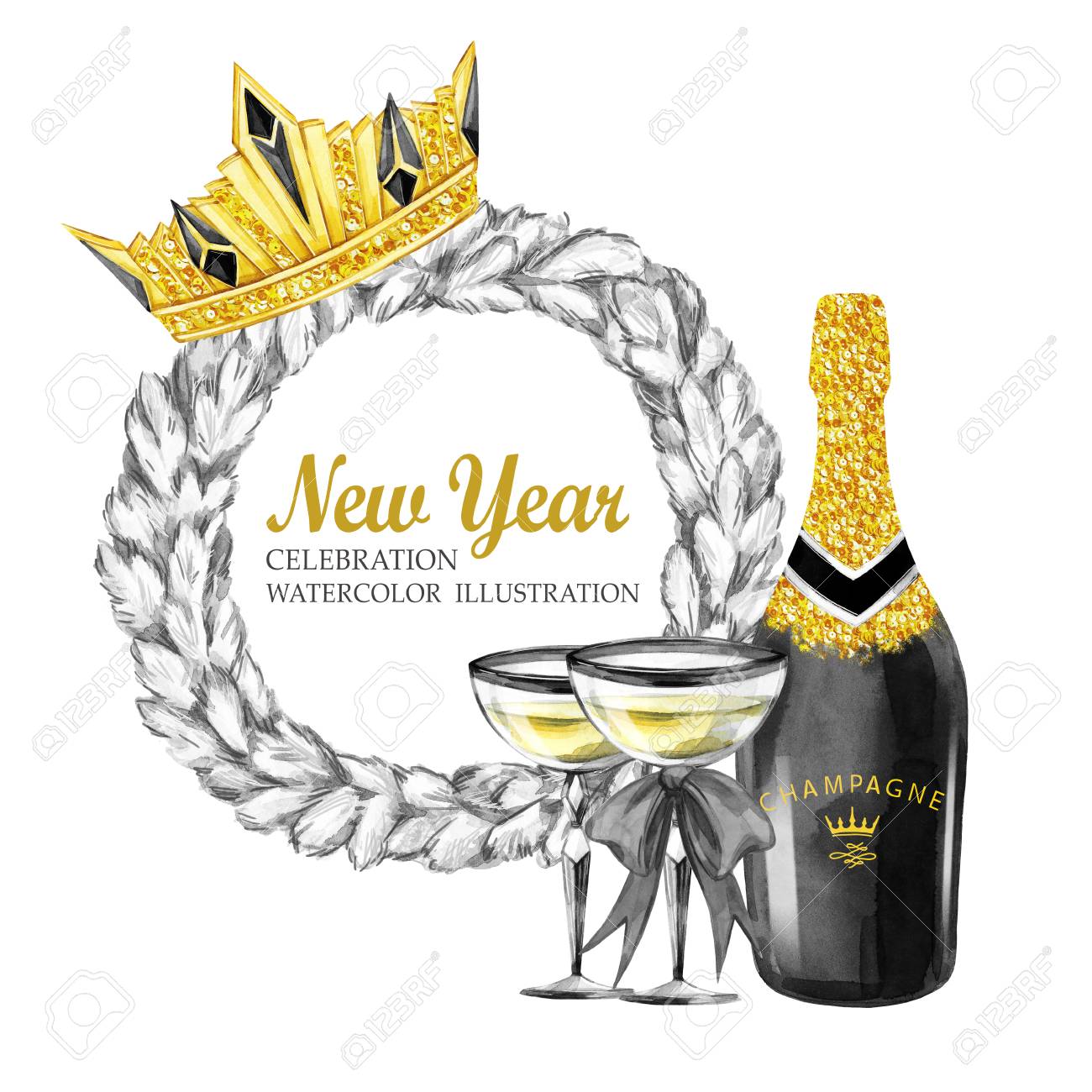 Illustration Retro Aquarelle Style De Luxe Dore Bouteille De Champagne Verres A Vin Diademe De Bijoux Branches De Sapin Rondes Symbole Du Nouvel An Pret Pour La Conception D Anniversaire Et De Vacances Illustration Retro Aquarelle Style De Luxe Dore Bouteille De Champagne Verres A Vin Diademe De Bijoux Branches De Sapin Rondes Symbole Du Nouvel An Pret Pour La Conception D Anniversaire Et De Vacances