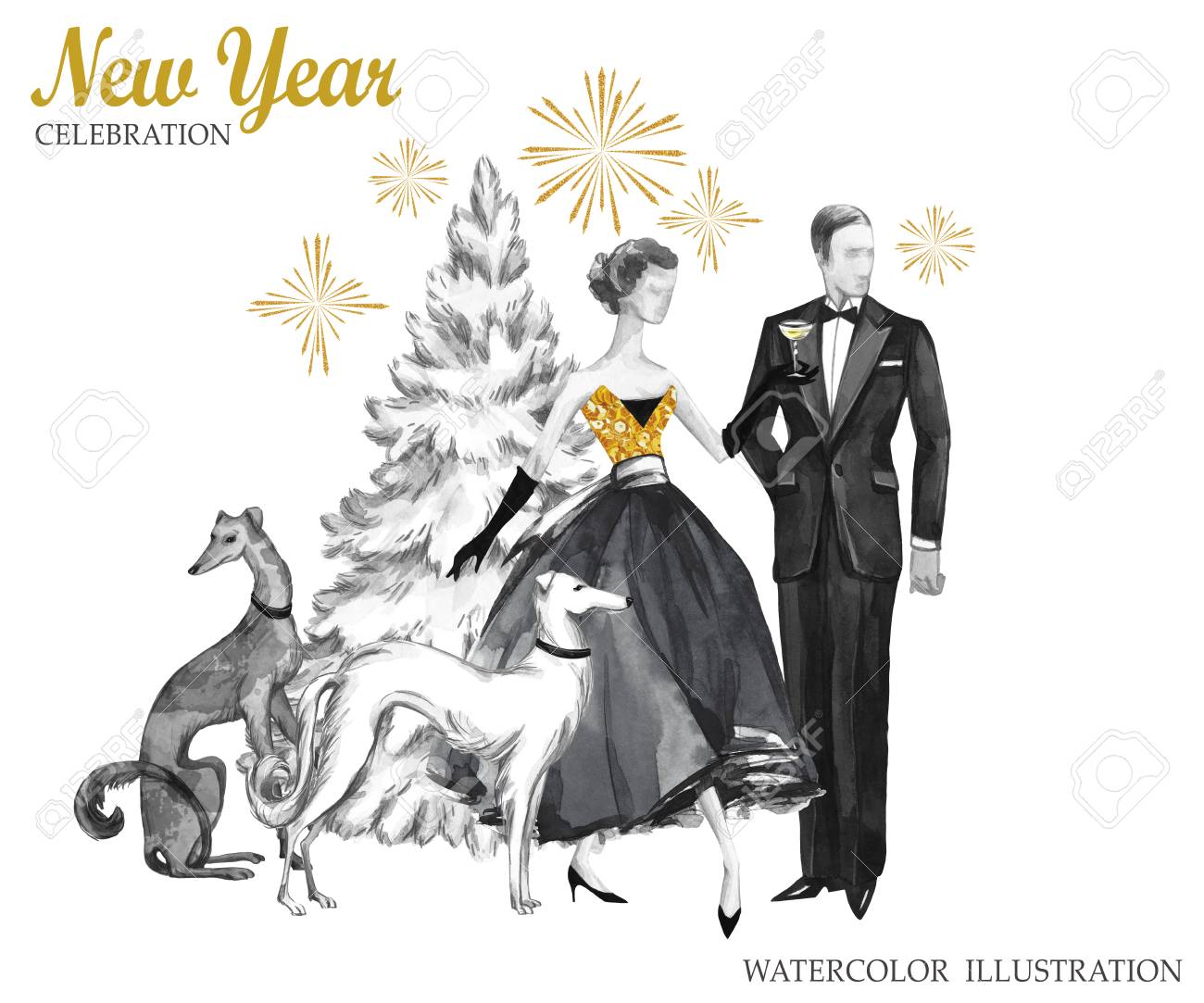水彩のレトロなイラスト 金色の豪華なスタイル 手描きの男とシャンパン 犬 クリスマス ツリーと花火を持つ女性 新年のシンボル 記念日 祝日の設計のために準備ができて の写真素材 画像素材 Image 4955