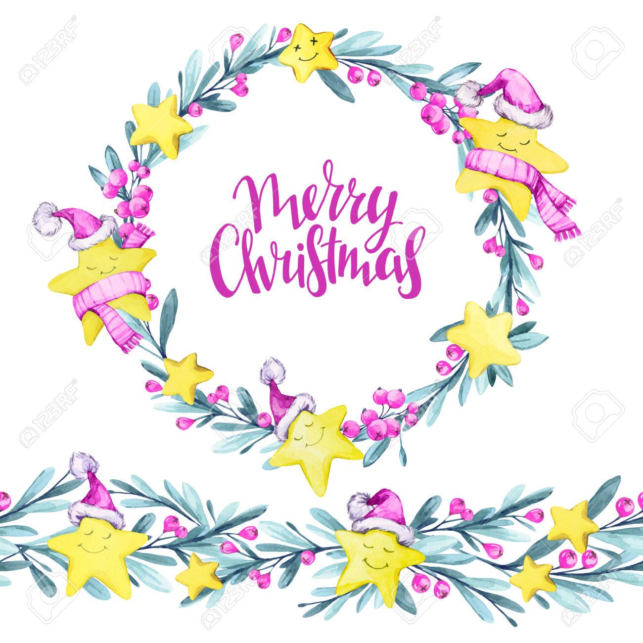 水彩のラウンド フレームとシームレスな水平型バナー 漫画の温かみのある布 葉と果実の星 新しい年 メリークリスマス お祝いイラスト 冬に使用することができますデザイン ポスター 招待状 カードの休日します の写真素材 画像素材 Image