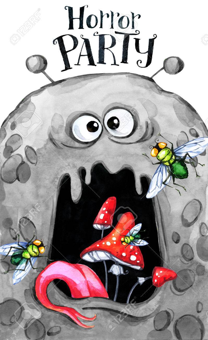 Carte Dessinee A La Main Tete Aquarelle D Un Monstre Avec Un Champignon Dans La Bouche Illustration De La Celebration Fete D Horreur De Dessin Anime Betes Droles Fond De Bebe Peut Etre Utilise