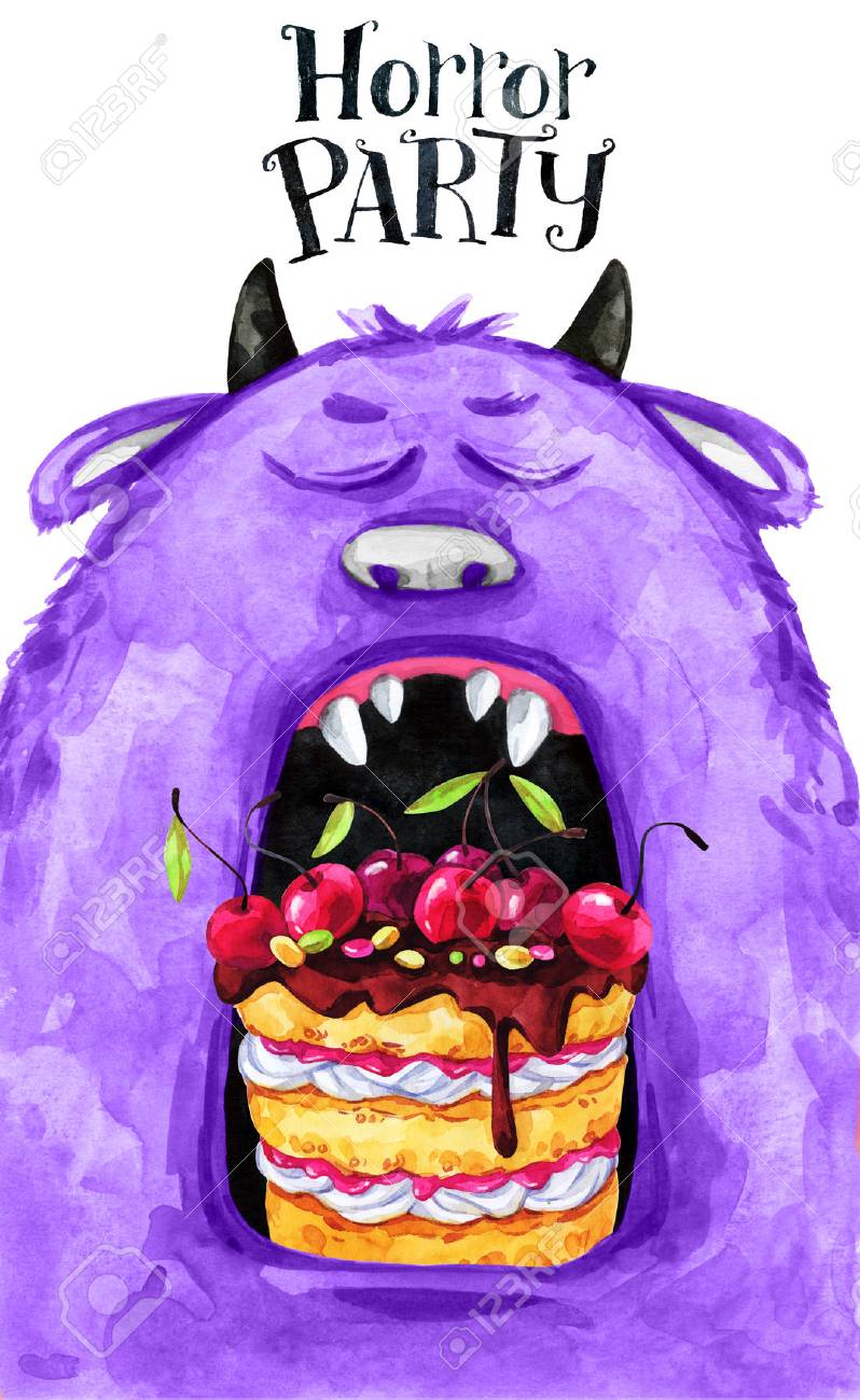 Carte Dessinee A La Main Aquarelle Tete De Monstre Avec Un Gateau Dans La Bouche Illustration De La Celebration Soiree D Horreur De Dessin Anime Betes Droles Fond De Bebe Peut Etre Utilise