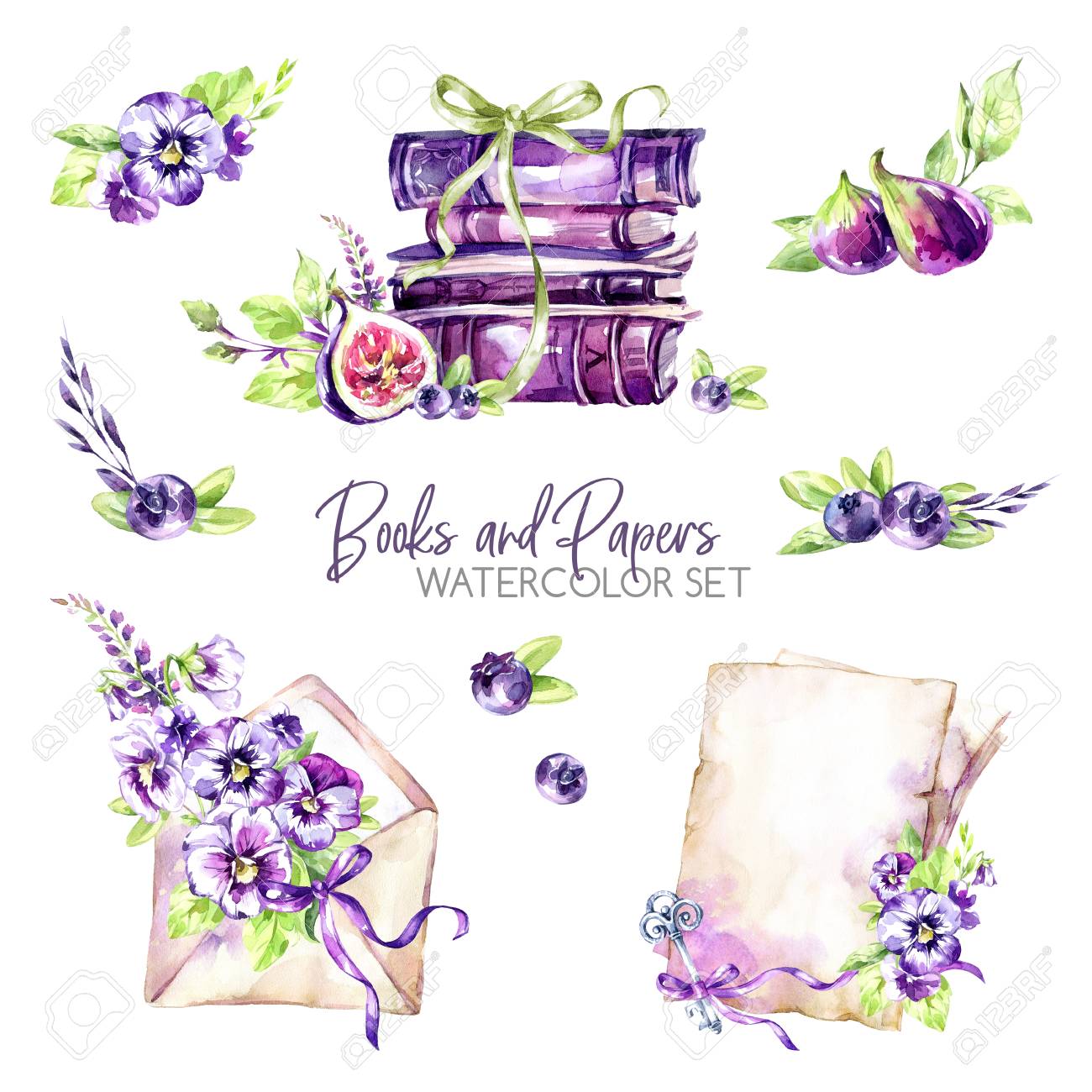 watercolor borders set with old books envelope paper flowers paper flower books