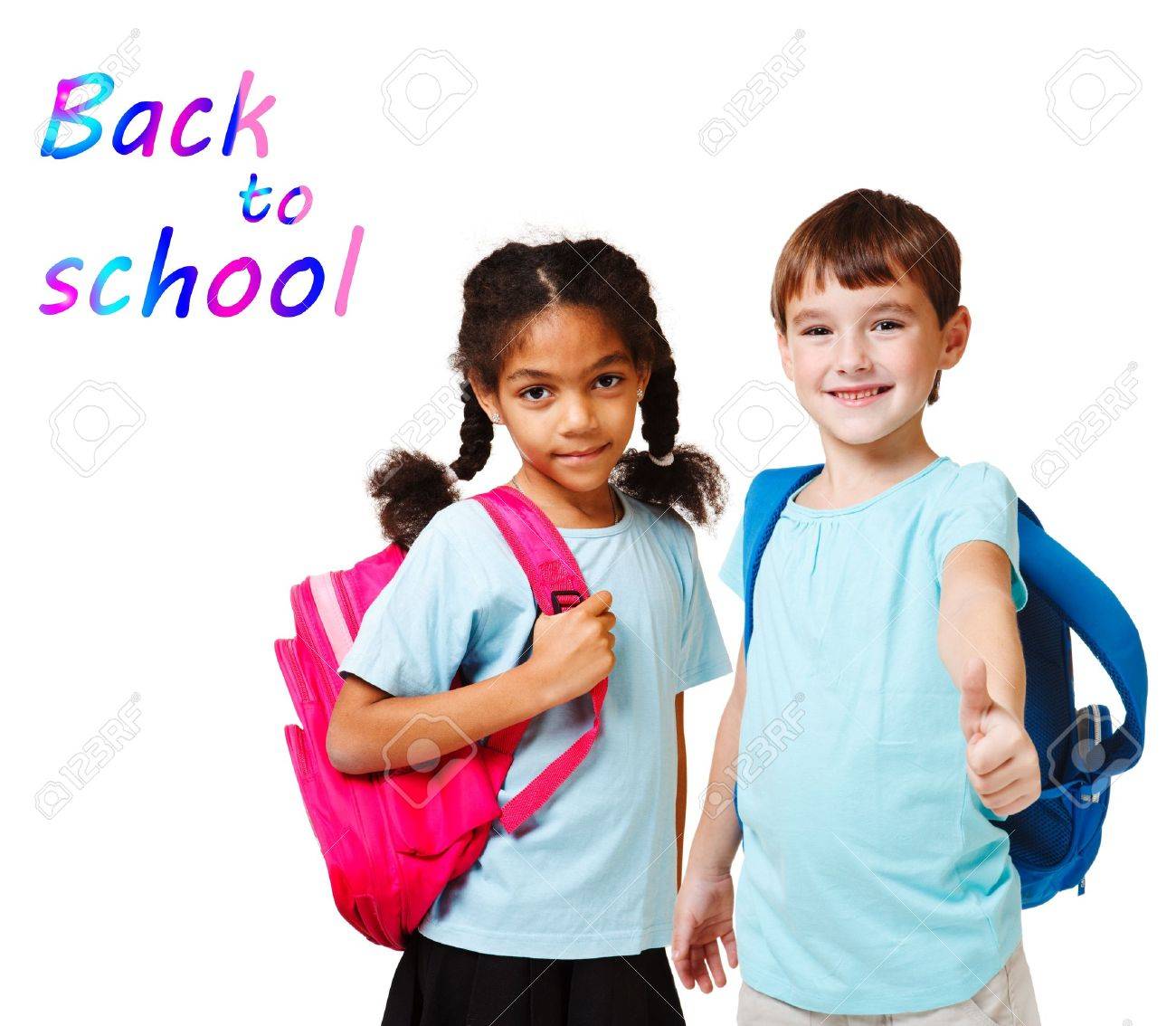 school aged child two school kids in blue t shirts with backpacks stock photo - School Pictures For Kids school aged child two school kids in blue t shirts with backpacks stock photo - School Pictures For Kids