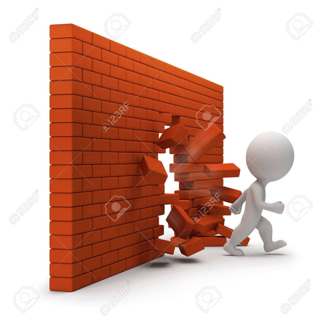 3d small person passing through a brick wall. 3d image. White background. - 32009856 3d small person passing through a brick wall. 3d image. White background. - 32009856