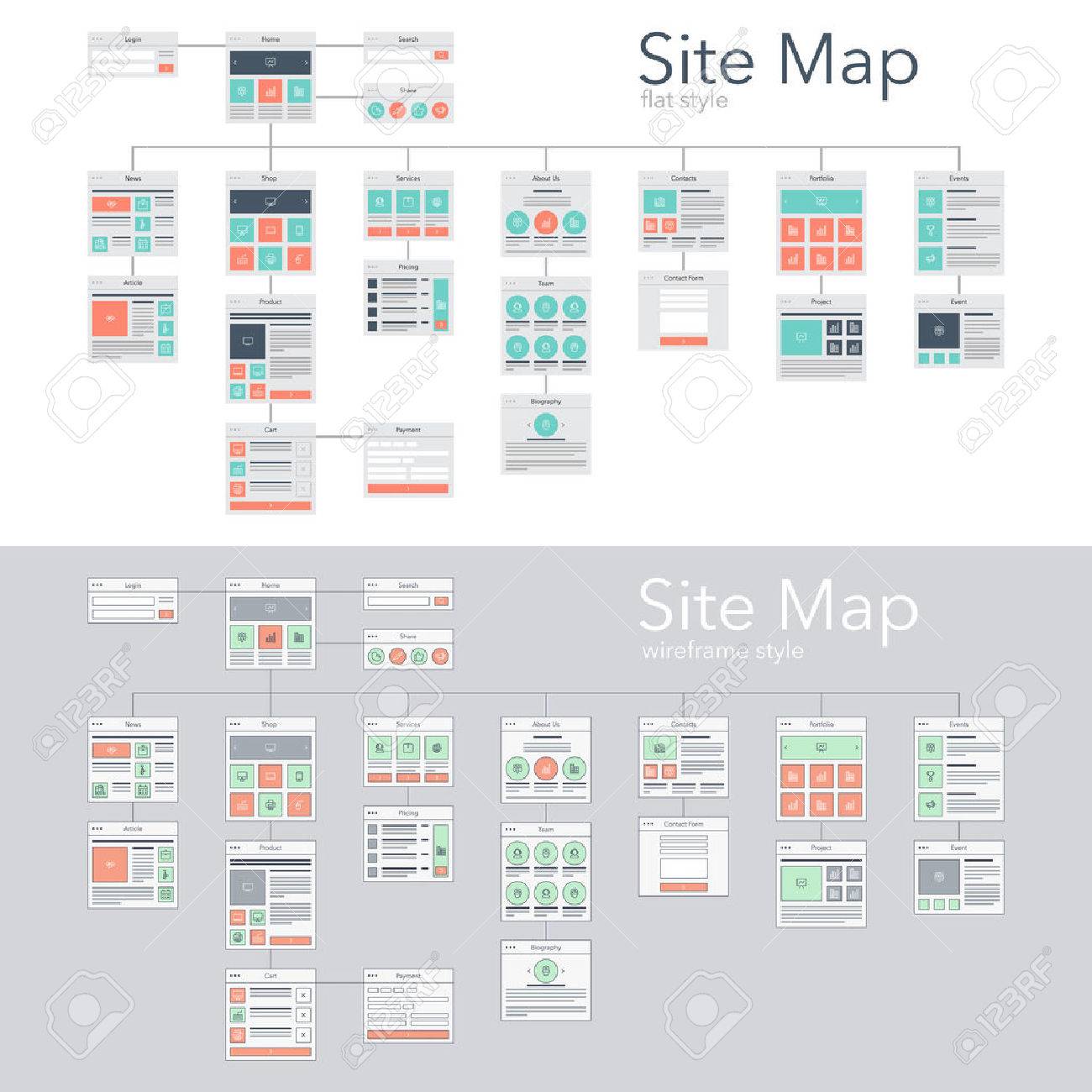 flat and wireframe design style vector illustration concept of website flowchart
