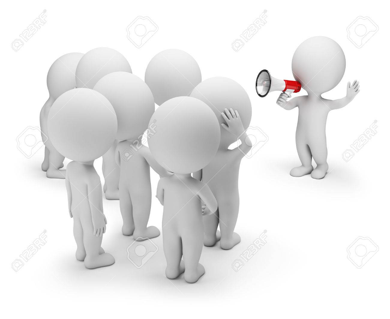 3d small person talking on a megaphone to the crowd. 3d image. White background. - 56414196 3d small person talking on a megaphone to the crowd. 3d image. White background. - 56414196