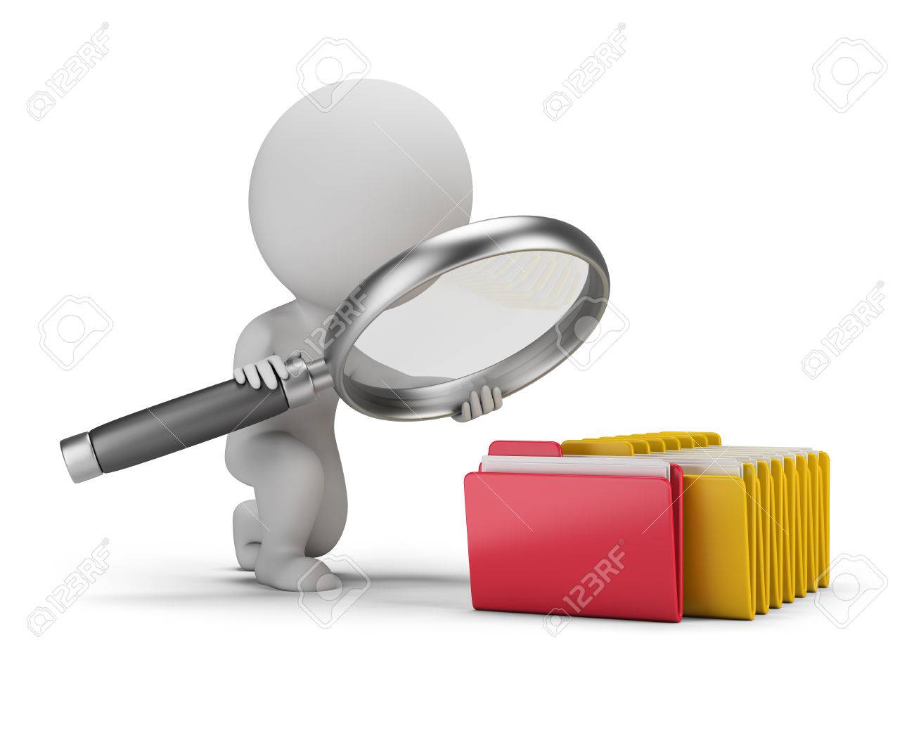 3d small person with a big magnifying glass looks for documents in folders. 3d image. White background. - 61288837 3d small person with a big magnifying glass looks for documents in folders. 3d image. White background. - 61288837