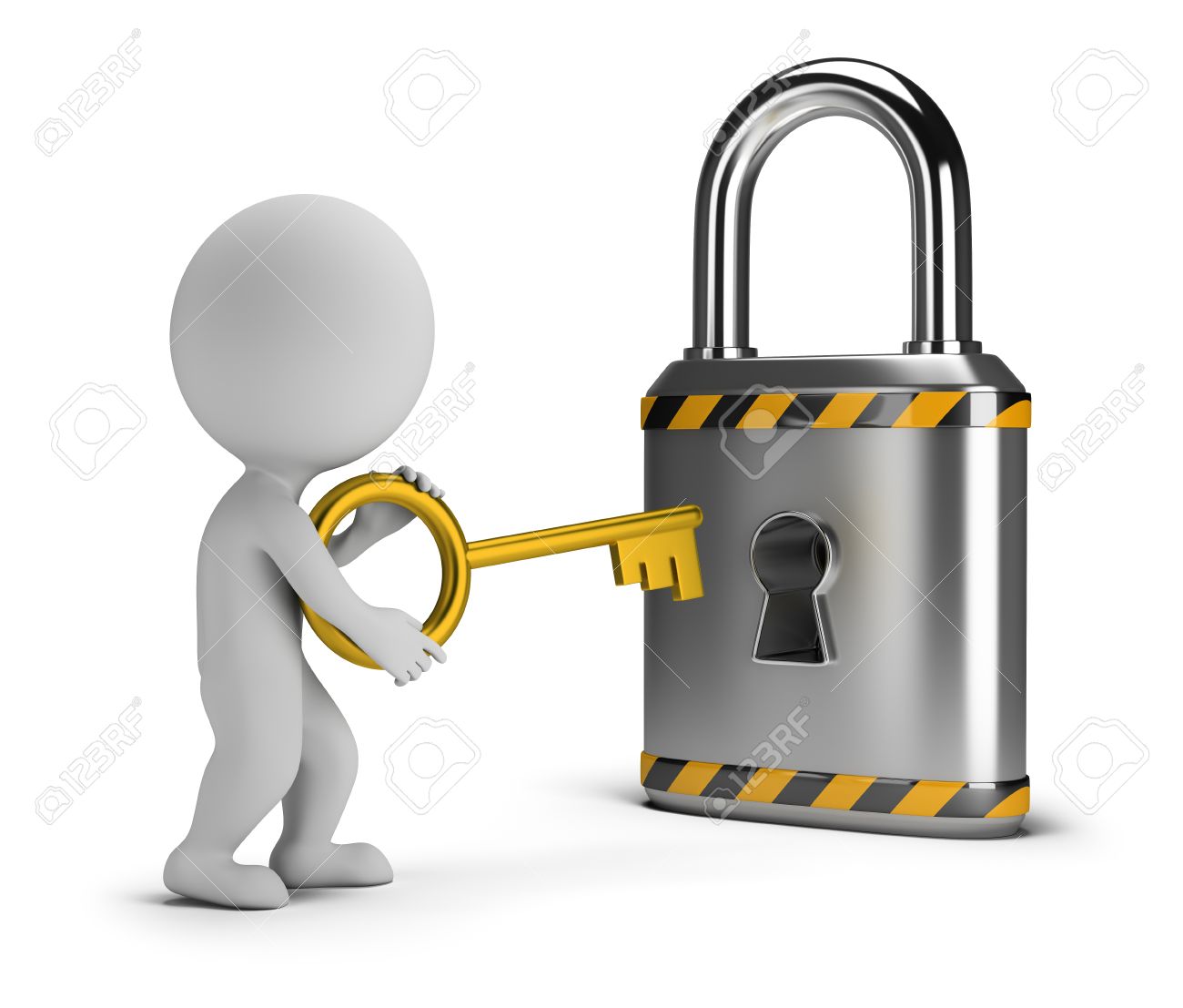 3d small person with a key lock. 3d image. White background. - 61289187 3d small person with a key lock. 3d image. White background. - 61289187