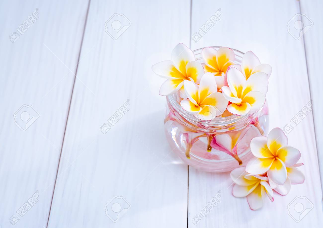 木製テーブルの上の花瓶ガラスにピンク白黄色のプルメリアの花 の写真素材 画像素材 Image