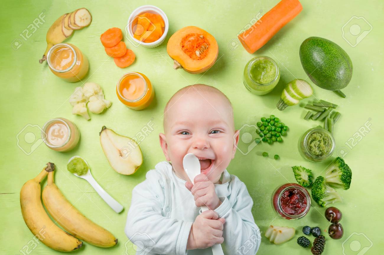 Colorful baby food purees in glass jars - 90945109 Colorful baby food purees in glass jars - 90945109