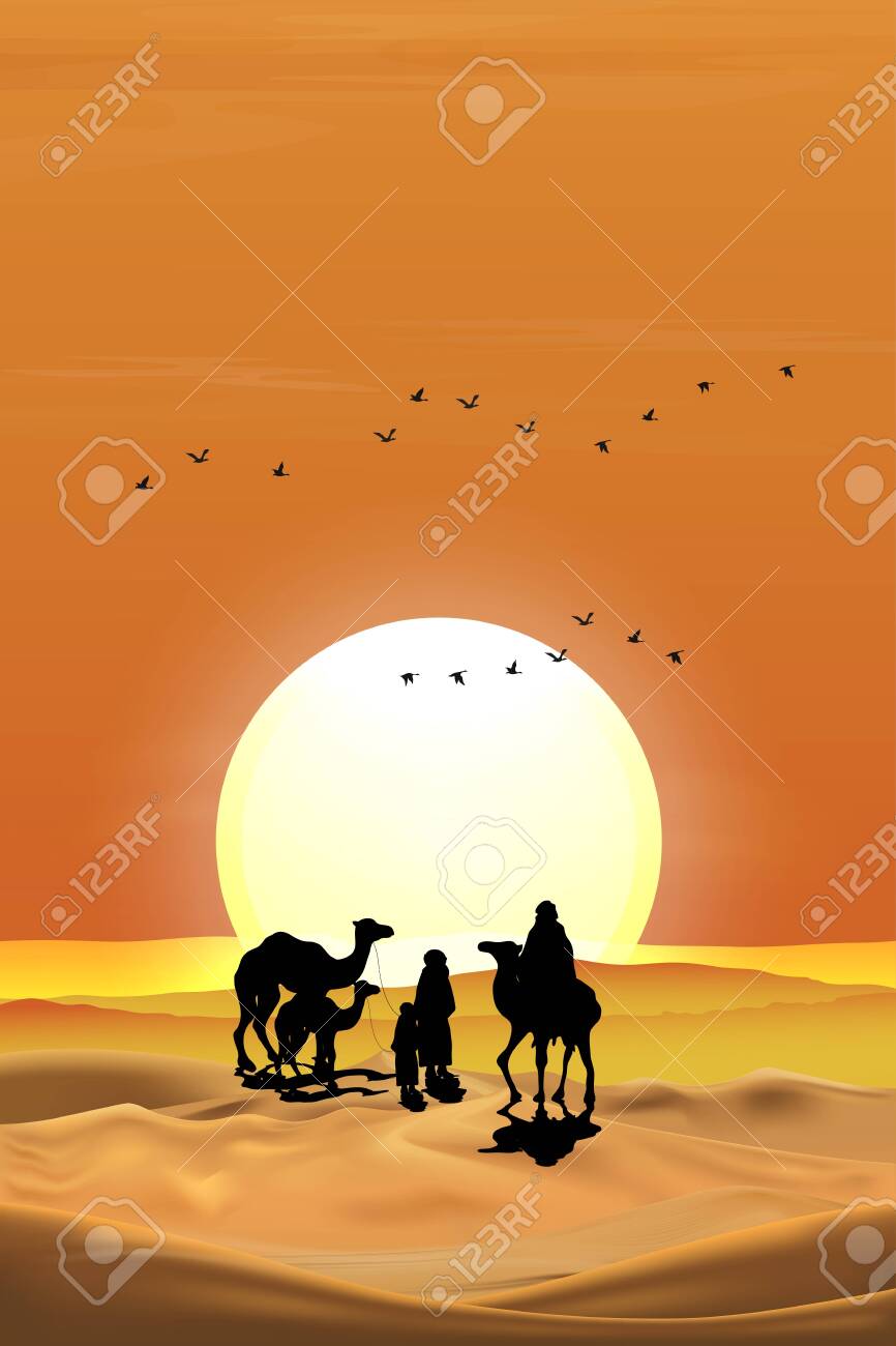 Ilustracja wektorowa arabska rodzina z wielbłądem spacerująca w piaskach pustyni z zachodem słońca wieczorem, pionowa sceneria krajobrazu słońca nad górami podczas zmierzchu w kolorze pomarańczowym nad pustynią i wydmami. - 144344995 Ilustracja wektorowa arabska rodzina z wielbłądem spacerująca w piaskach pustyni z zachodem słońca wieczorem, pionowa sceneria krajobrazu słońca nad górami podczas zmierzchu w kolorze pomarańczowym nad pustynią i wydmami. - 144344995