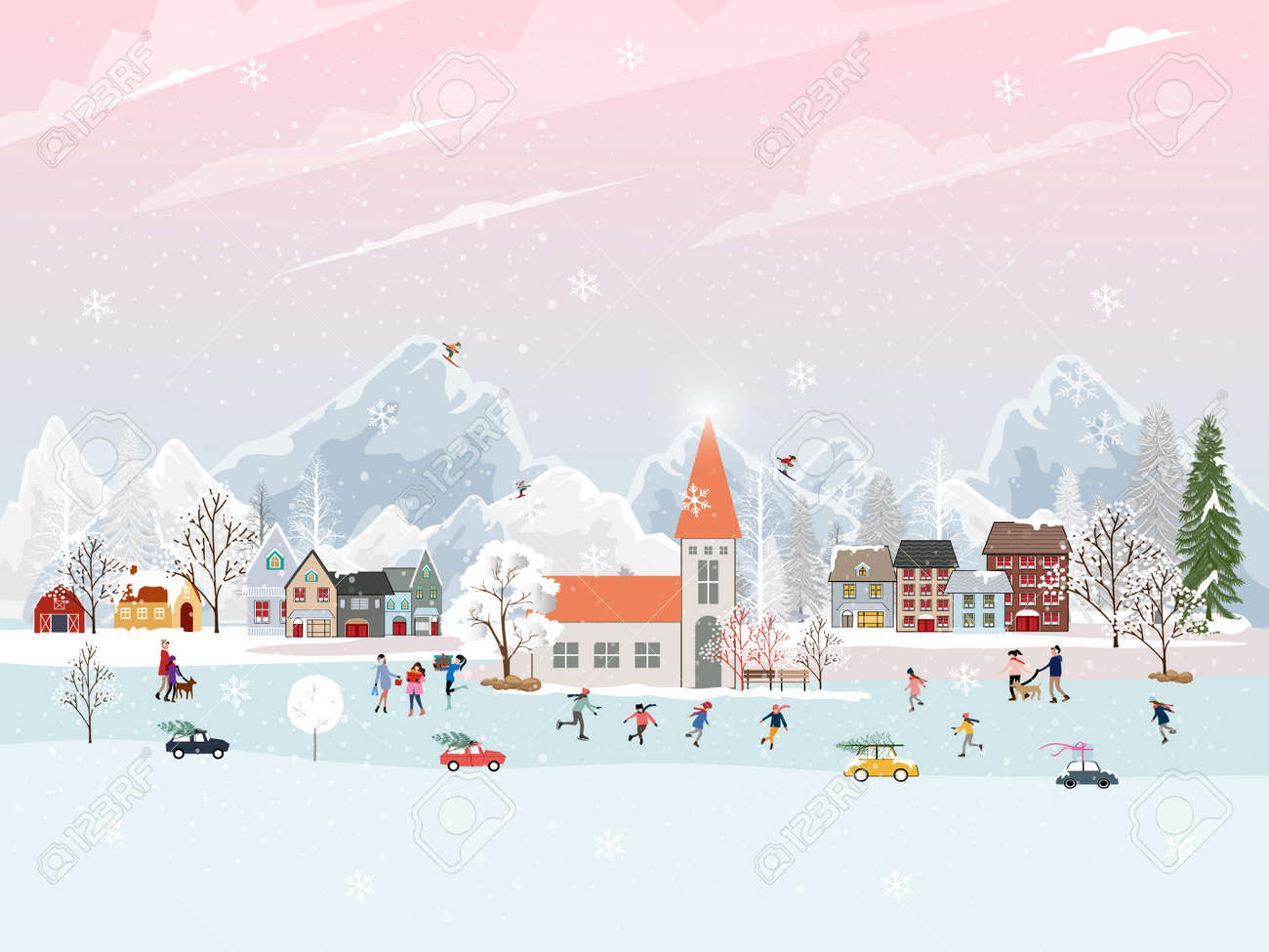 Winter landscape at night with people having fun doing outdoor activities on new year,Christmas day in village with people celebration, kid playing ice skates, teenagers skiing with snow falling - 159733935 Winter landscape at night with people having fun doing outdoor activities on new year,Christmas day in village with people celebration, kid playing ice skates, teenagers skiing with snow falling - 159733935