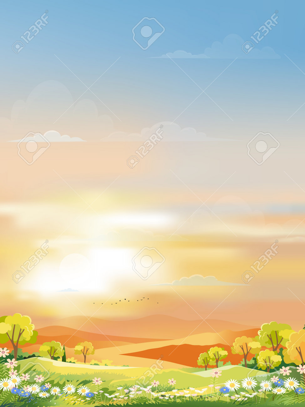 Cielo mattutino con cielo arancio e blu con nuvole, paesaggio primaverile in campagna con prato verde sulle colline, cielo verticale della natura vettoriale in estate, villaggio con campo in erba e fiori di campo - 178533354 Cielo mattutino con cielo arancio e blu con nuvole, paesaggio primaverile in campagna con prato verde sulle colline, cielo verticale della natura vettoriale in estate, villaggio con campo in erba e fiori di campo - 178533354