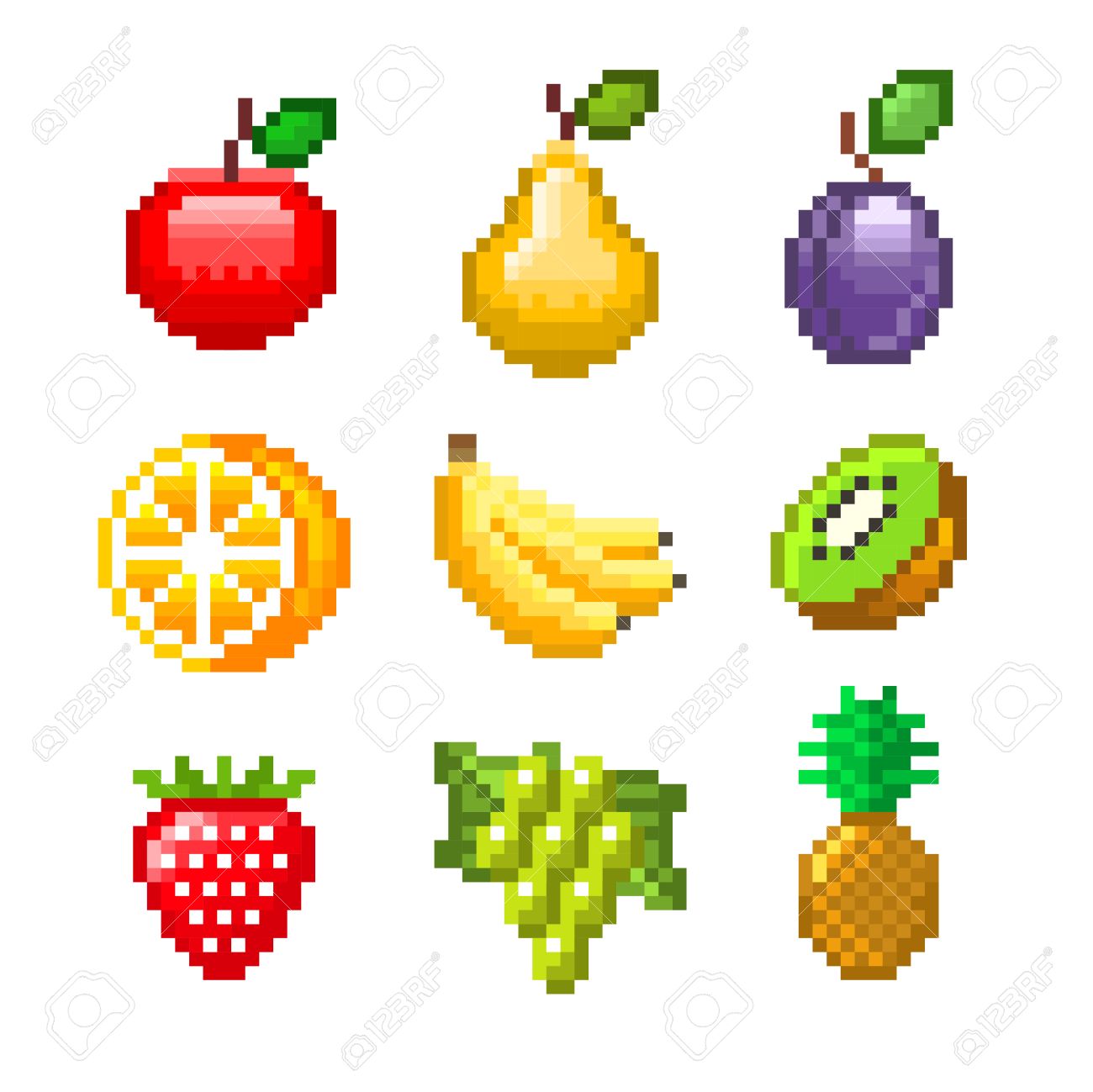 Pixel Fruits For Games Icons High Detailed Vector Set Royalty Free