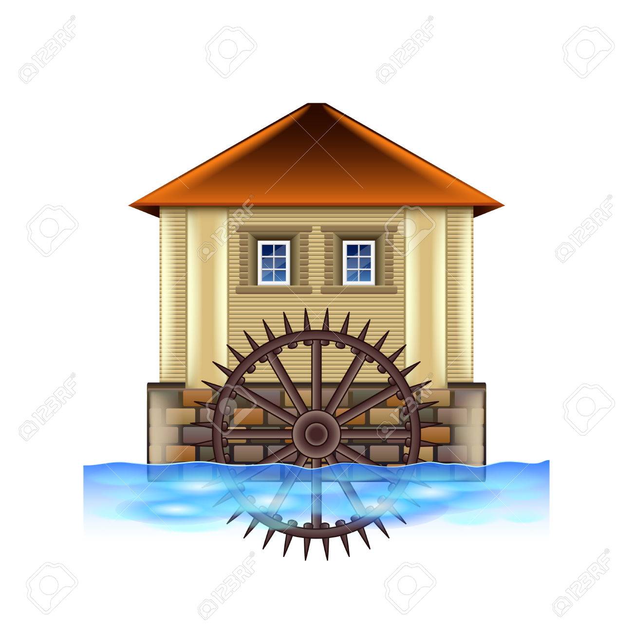 Ancien Moulin à Eau Isolé Sur La Photo Réaliste Blanc Illustration Vectorielle