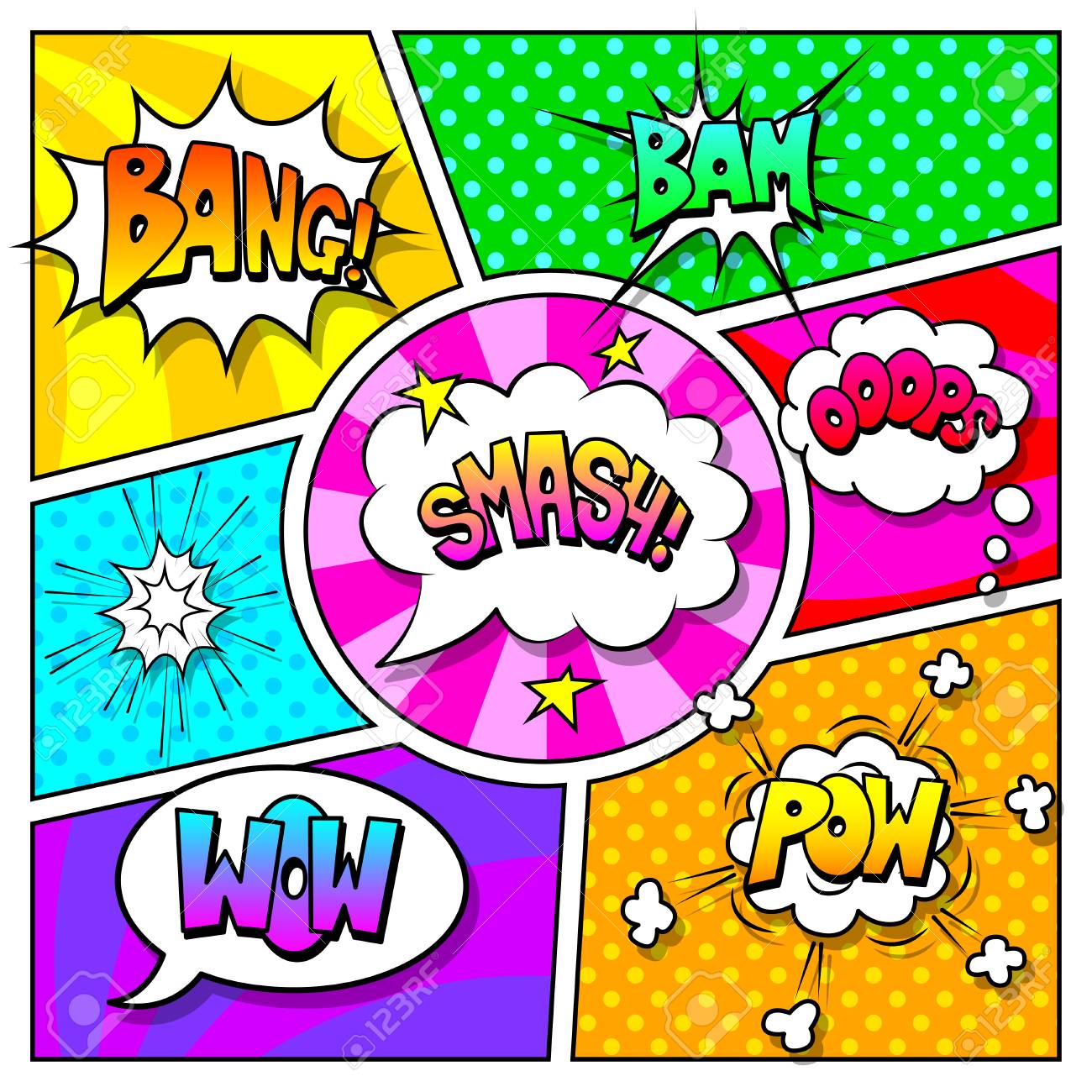 speech bubbles and sound effects on comic book page vector