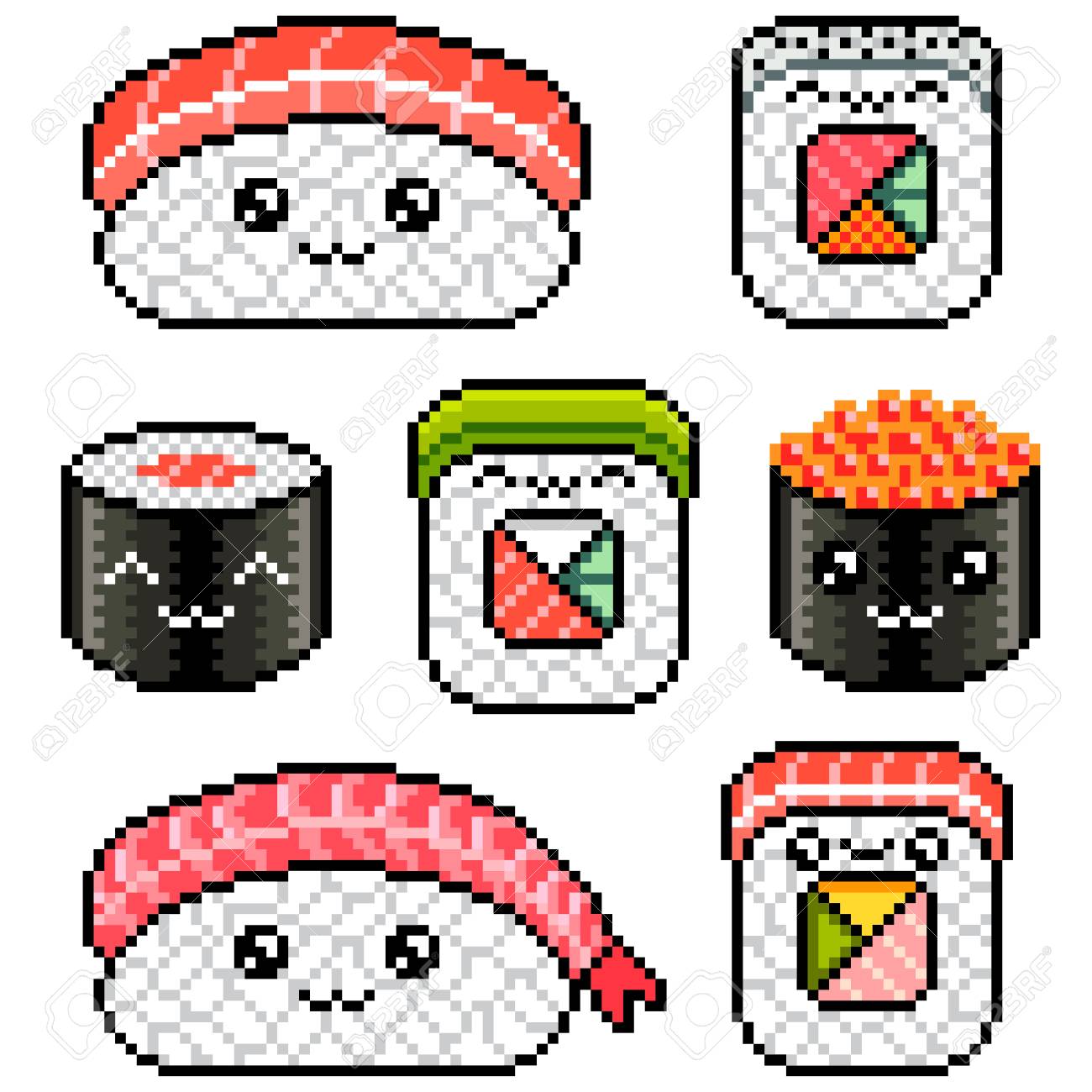 pixel art cute sushi rolls set detailed illustration isolated royalty free cliparts vectors and stock illustration image 127520254 pixel art cute sushi rolls set detailed illustration isolated
