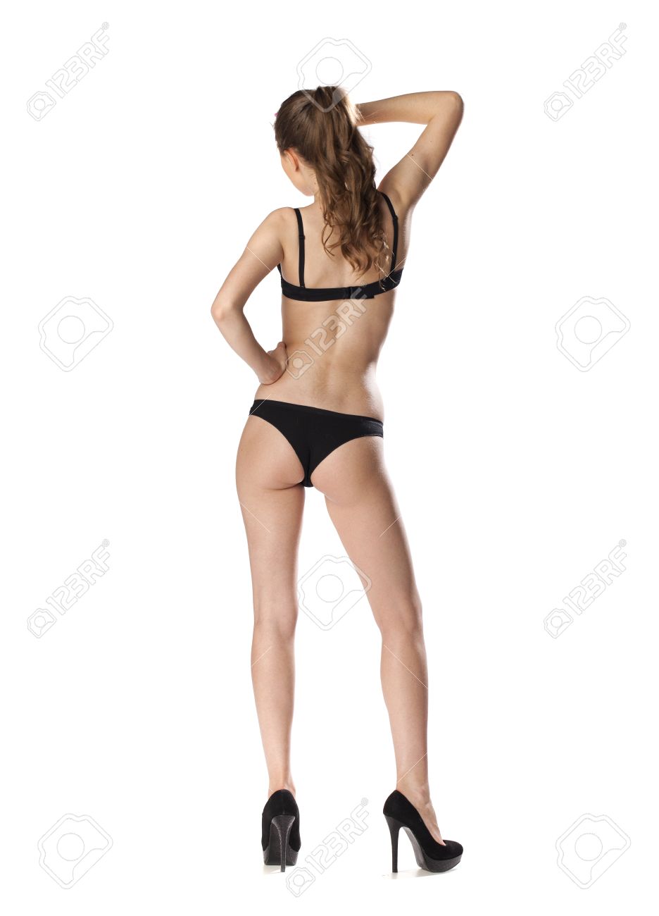 スナップ モデル背面図 白で隔離 セクシーな下着姿で全身美人ブルネットの美しさ の写真素材 画像素材 Image
