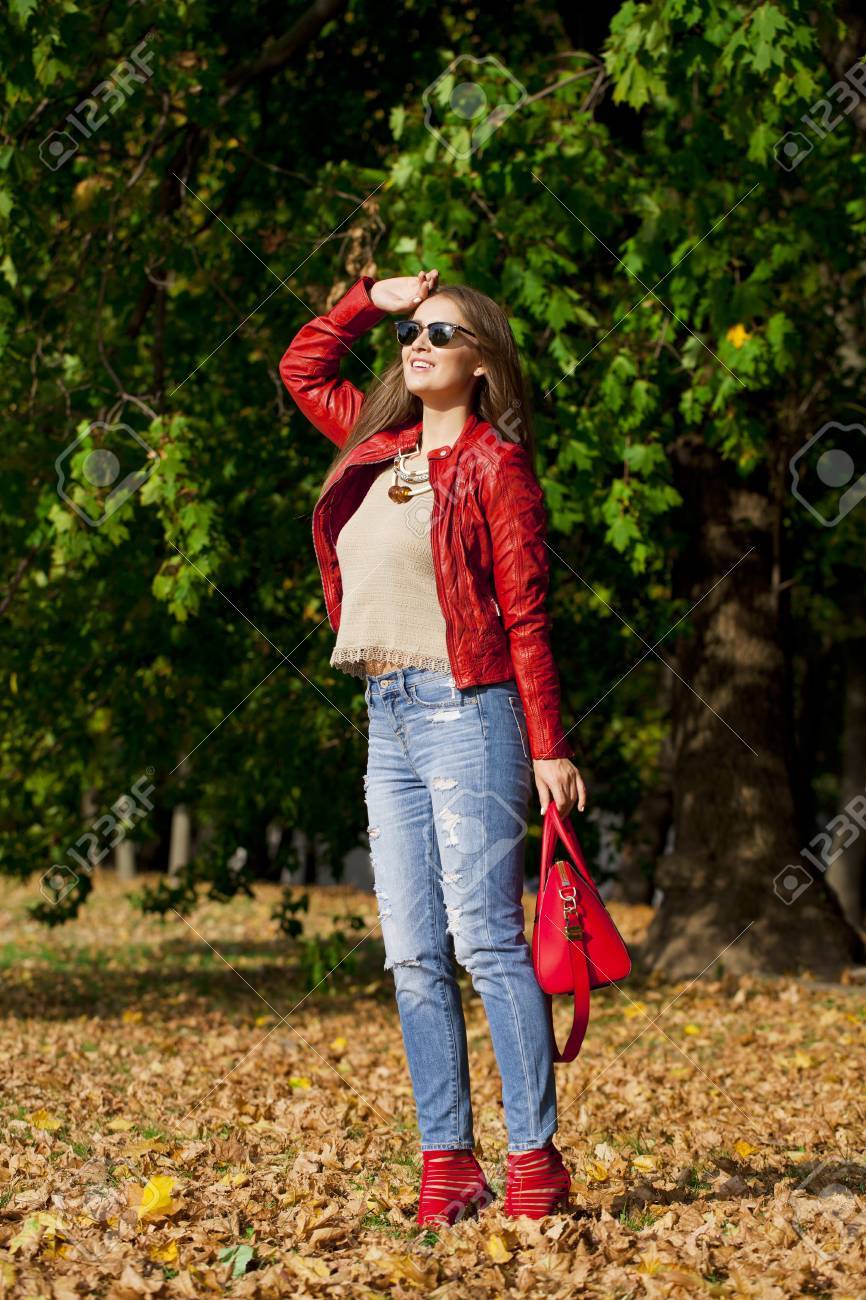 red jacket with jeans