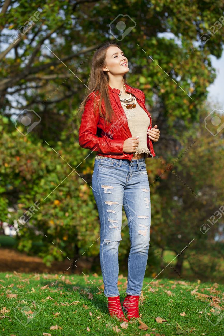 red jacket with jeans