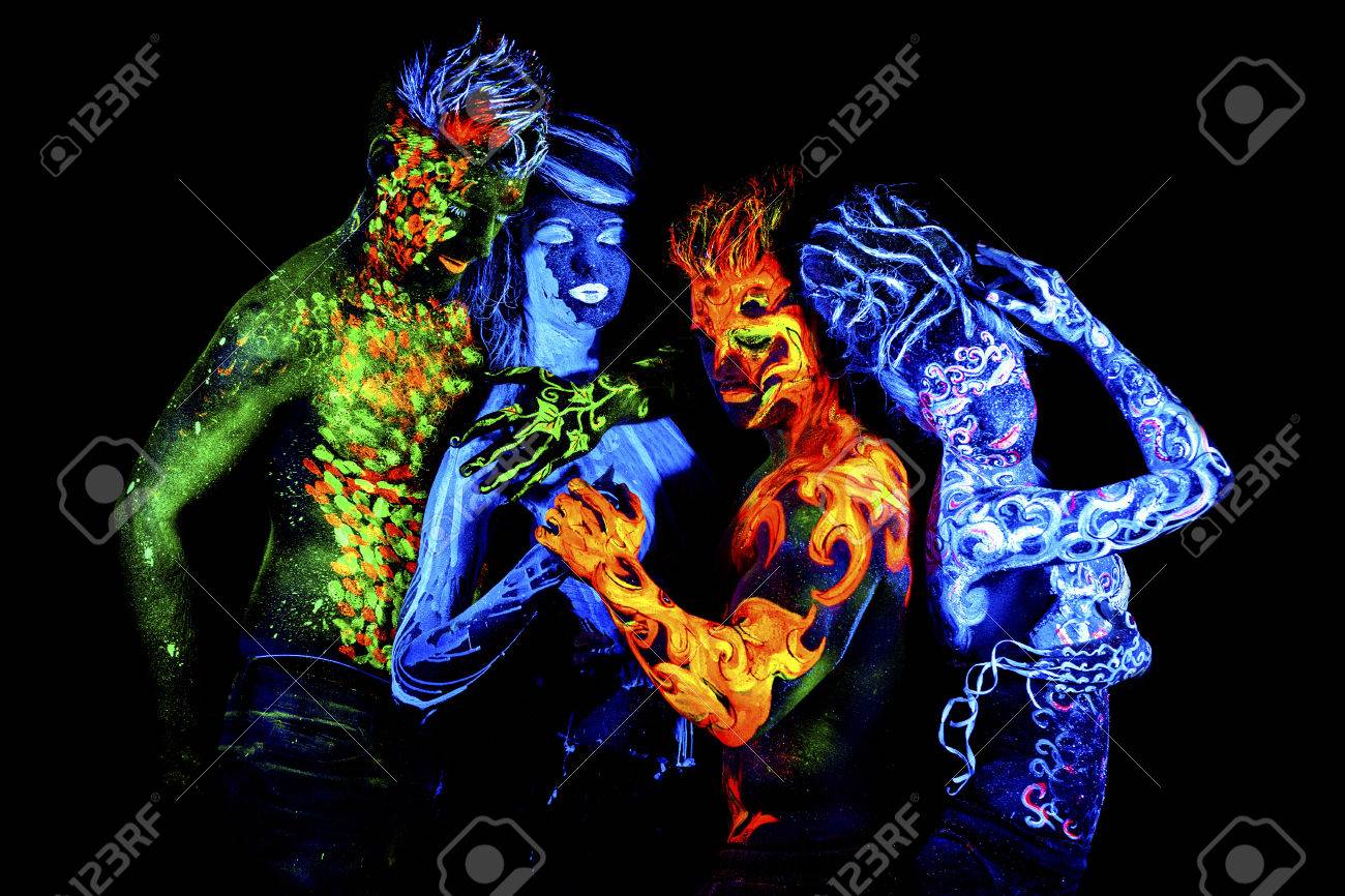 Four Elements. Body Art Glowing In Ultraviolet Light, Isolated On Black  Background Stock Photo, Picture and Royalty Free Image. Image 56072843., image size:1300x866