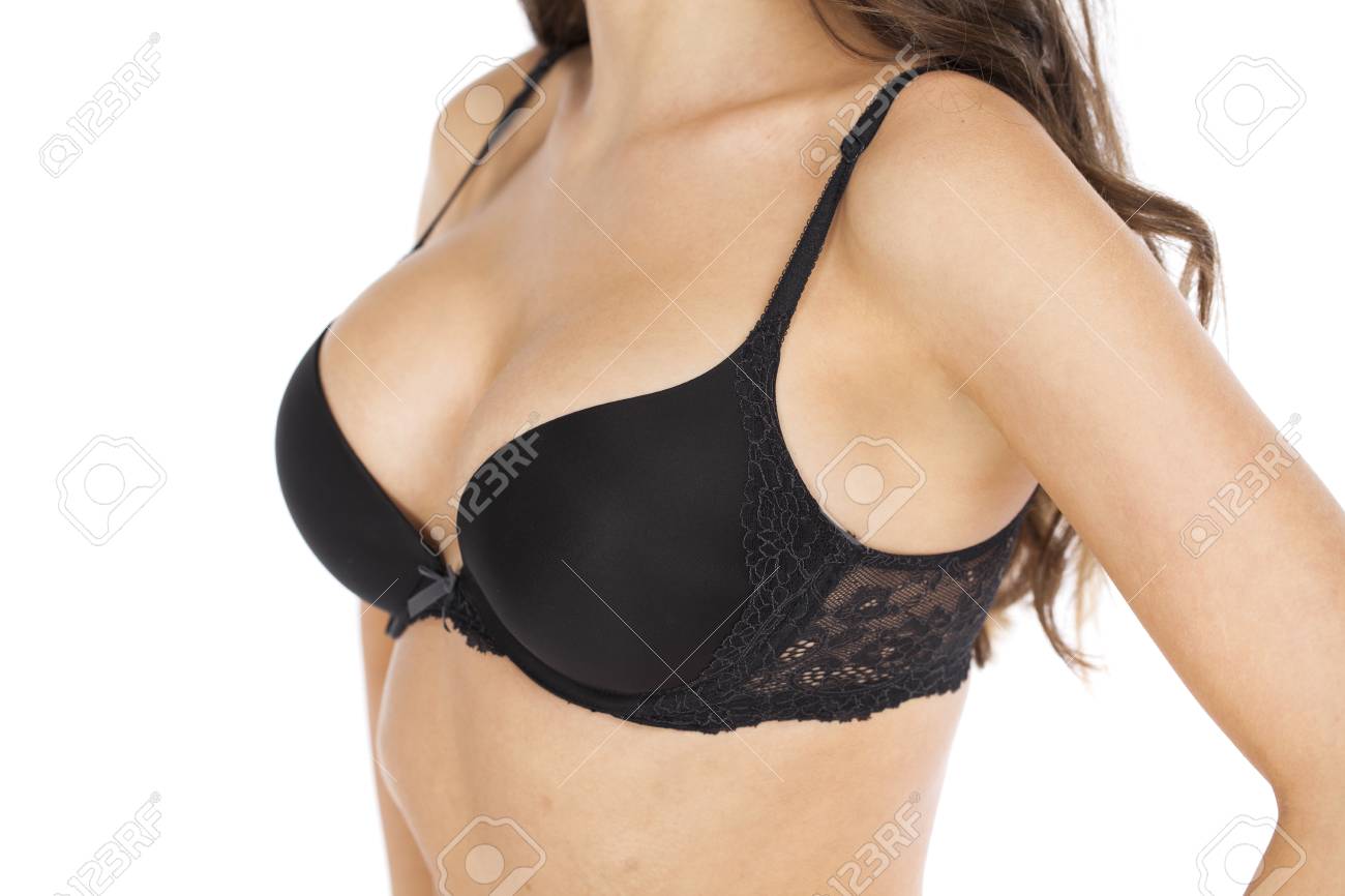 Body Part Sexy Female Breast In Black Bra Isolated On A Gray Background Stock Photo Body Part Sexy Female Breast In Black Bra Isolated On A Gray Background Stock Photo