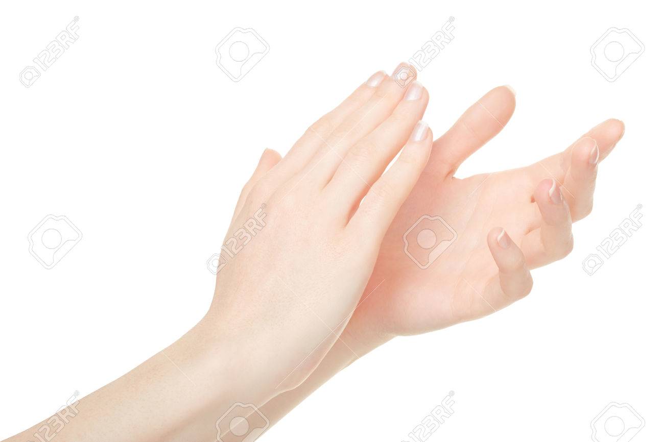 woman clapping hands applause on white clipping path stock photo