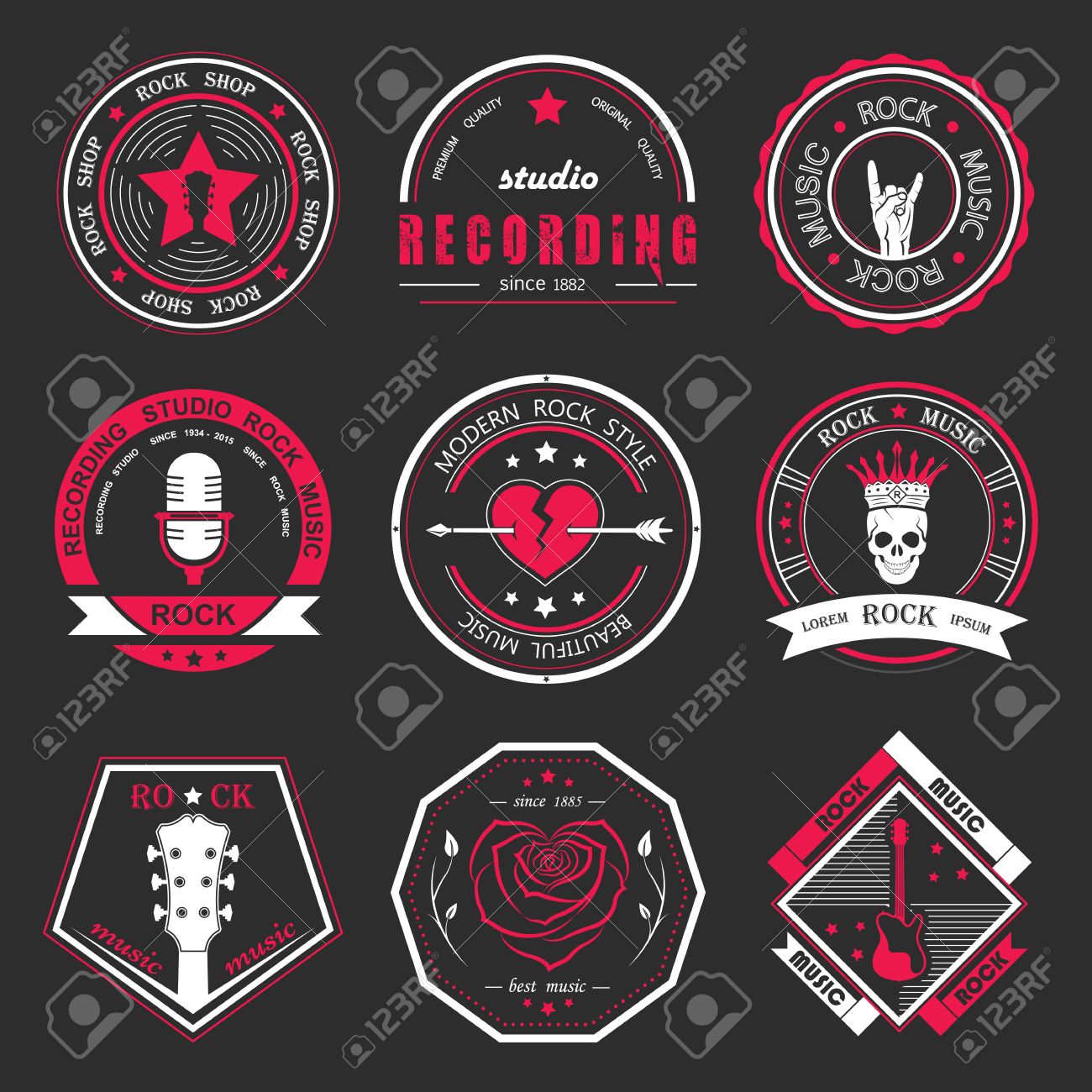 ロゴ ロック音楽と録音スタジオのセットです フォントの種類と図ベクターで音楽デザイン要素です ビンテージ ラベル ロック ビースト プリント T シャツ のイラスト素材 ベクタ Image
