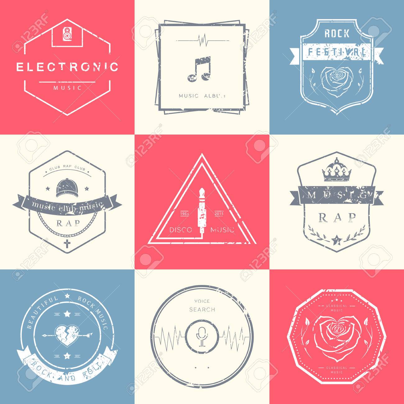 ベクトル バッジ ロック音楽 ラップ クラシックと電子音楽 ベクトルのロゴのお祭り コンサート Web デザインと声の要素の検索 T シャツのプリント のイラスト素材 ベクタ Image