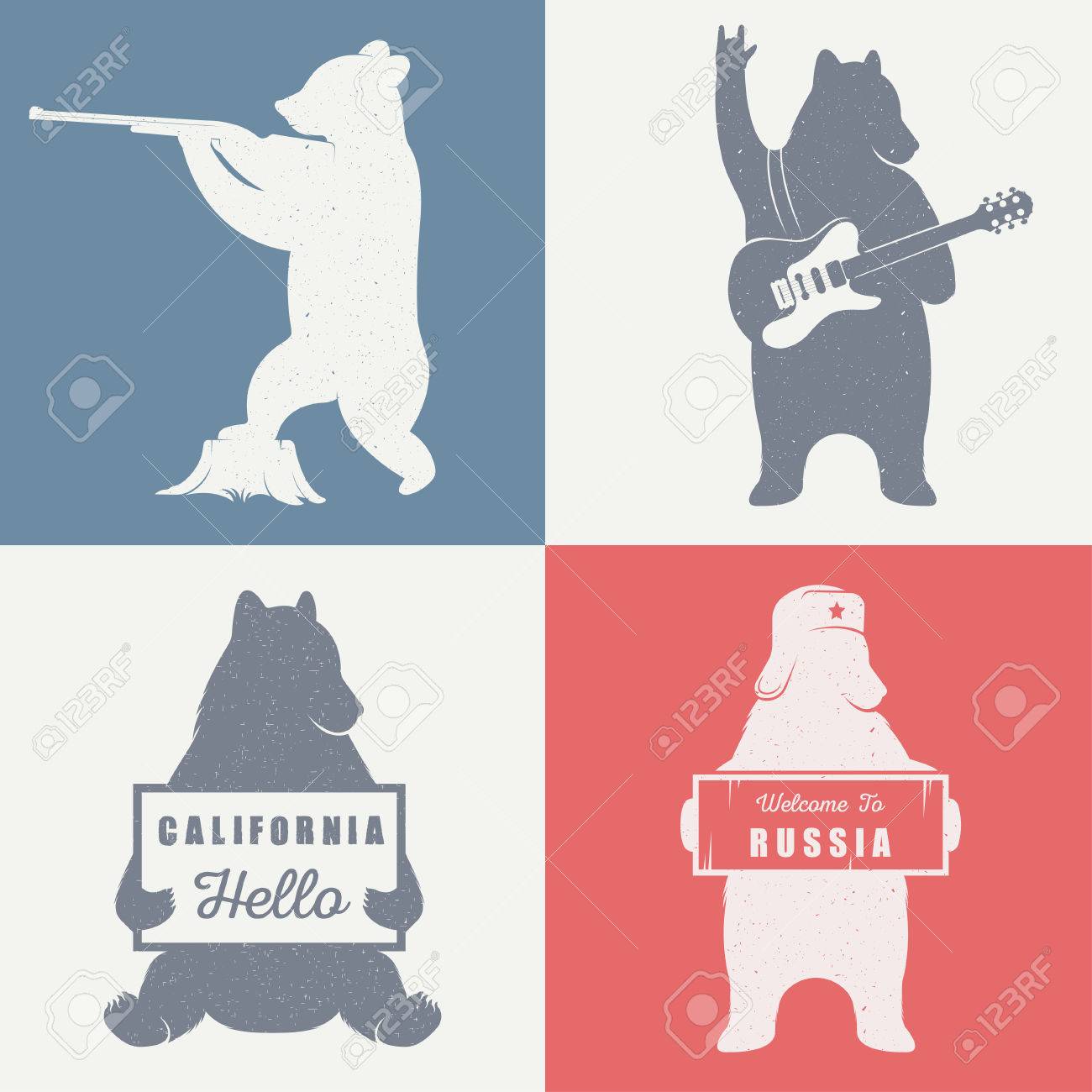 カリフォルニア州記号やロシアと面白いヒッチハイクしているクマは看板 ポスター T シャツの白い背景にサインオンします ヴィンテージのイラスト クマ ハンターとクマのギタリスト のイラスト素材 ベクタ Image