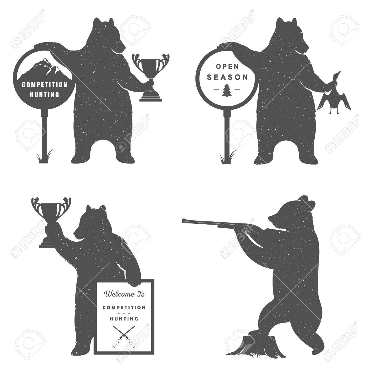 白い背景の上の記号狩りでベクトル イラスト クマ ハンター T シャツ印刷 ラベル バッジ ステッカー ロゴ用クマの記号の缶 のイラスト素材 ベクタ Image