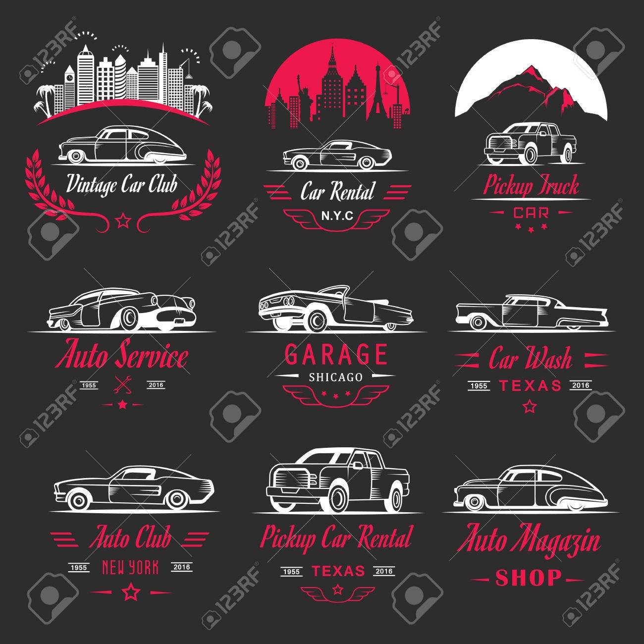 ビンテージ車の記号と記号のセットです 車のサービス 車販売のレトロなラベルとバッジ 自動設計要素 フレーム リボン エンブレム集のイラスト素材 ベクタ Image ビンテージ車の記号と記号のセットです 車のサービス 車販売のレトロなラベルとバッジ 自動設計要素 フレーム リボン エンブレム集のイラスト素材 ベクタ Image