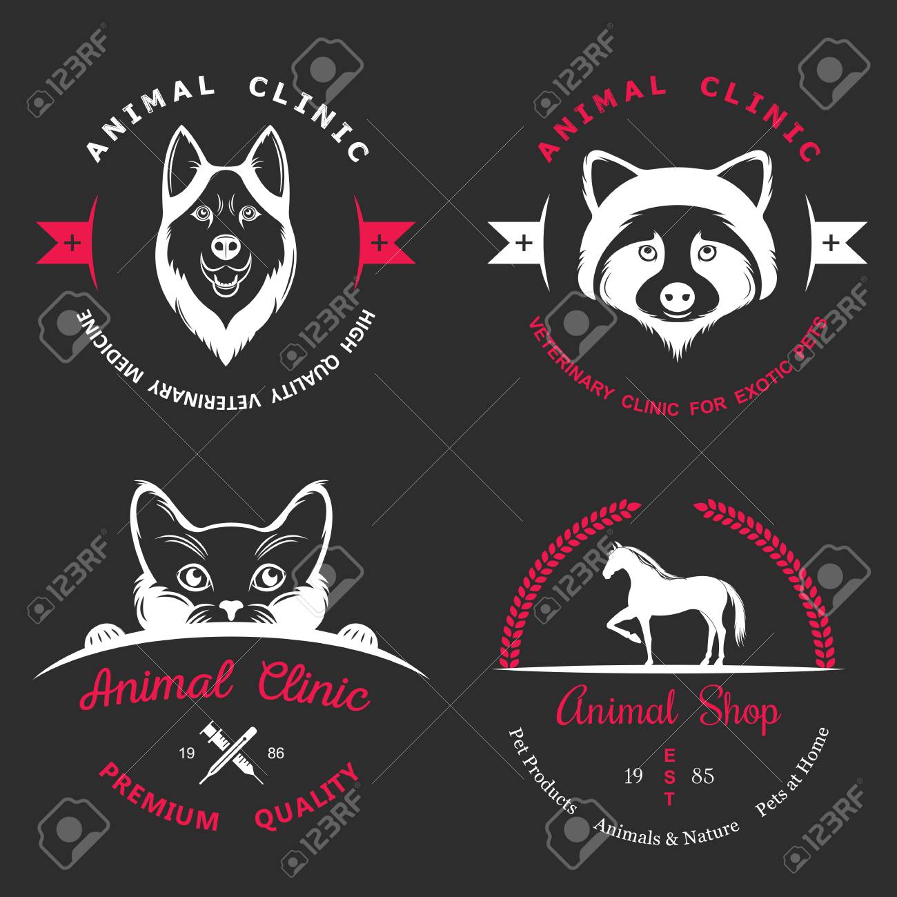 ペット ショップのビンテージのシンボル マーク ロゴの要素のセットのイラスト素材 ベクタ Image