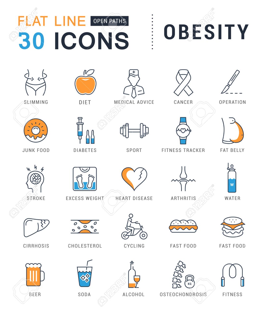 Set vector line icons in flat design obesity, junk food and health with elements for mobile concepts and web apps. Collection modern infographic and pictogram. - 57523806 Set vector line icons in flat design obesity, junk food and health with elements for mobile concepts and web apps. Collection modern infographic and pictogram. - 57523806