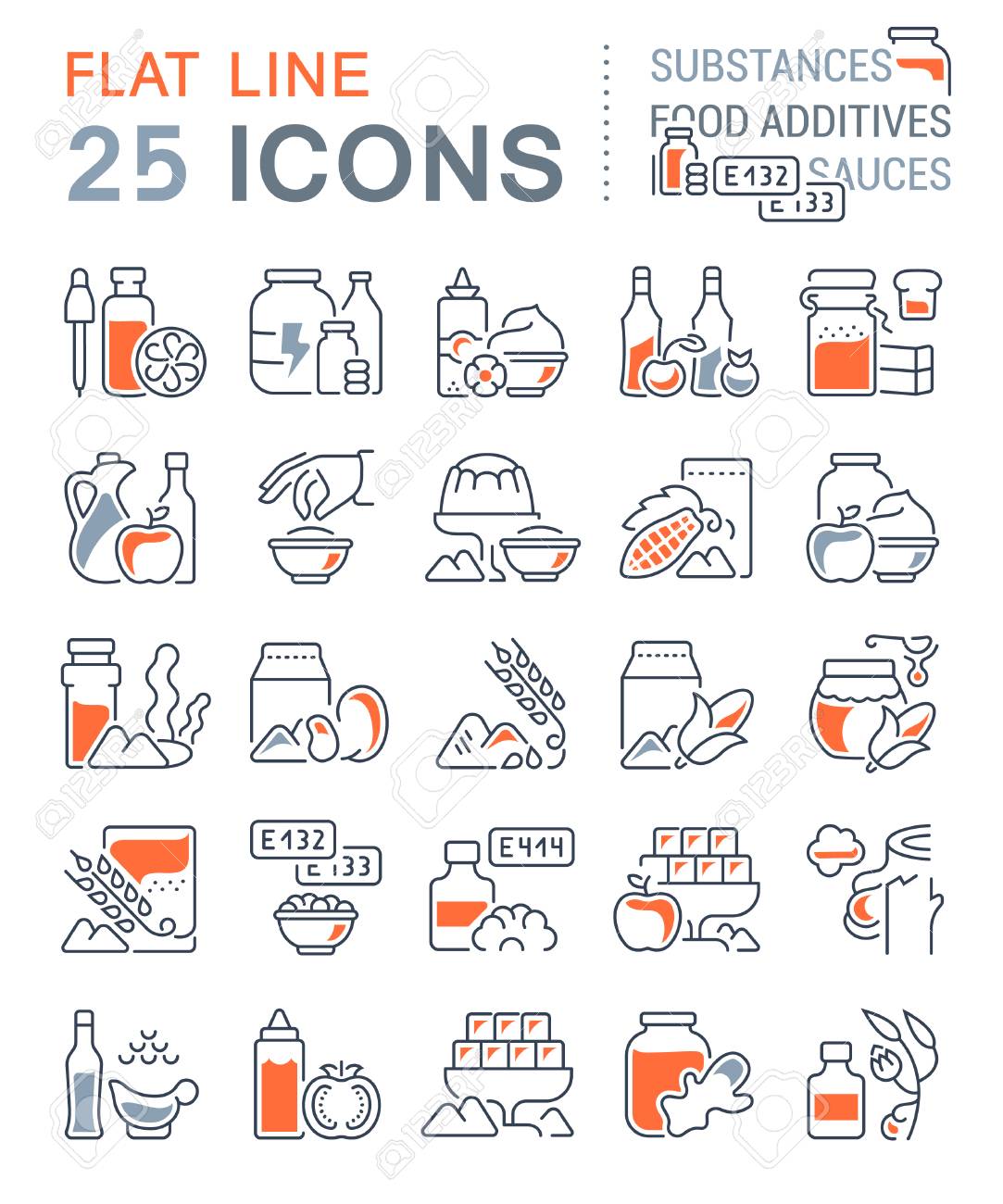 現代の概念 ウェブやアプリのための食品添加物のフラットな要素を持つベクトルラインアイコン 記号や記号のセット インフォグラフィックアイコンとピクトグラムのコレクション のイラスト素材 ベクタ Image