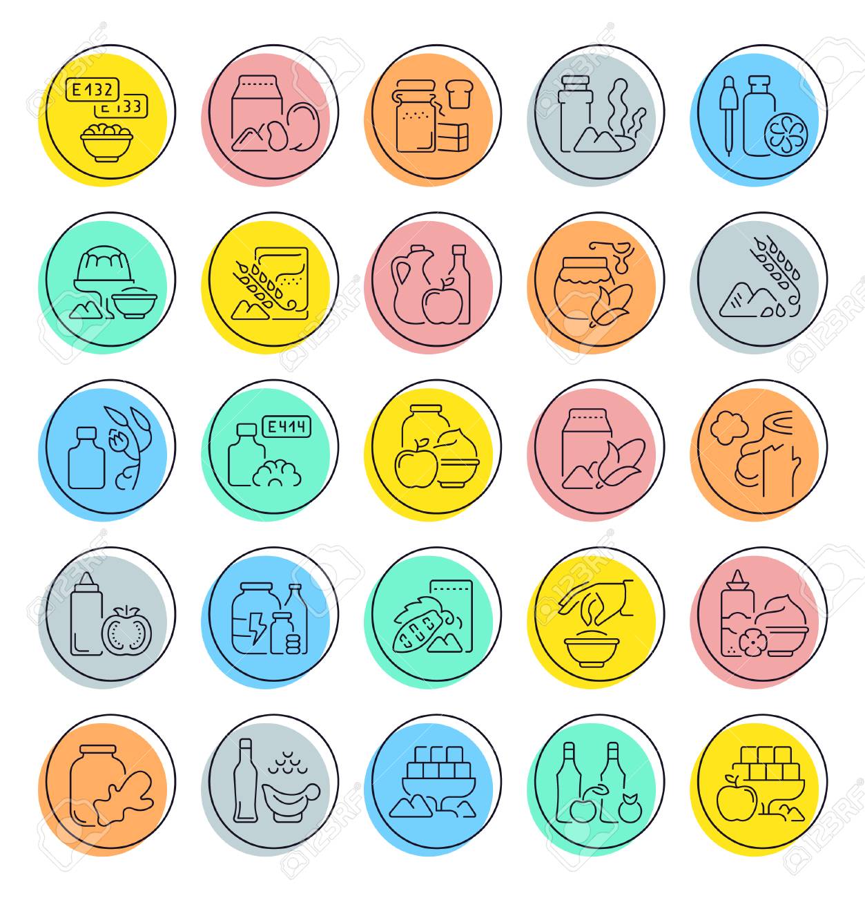 食品添加物の輪郭記号とシンボルのセット 色付きの円を持つコレクション ベクターライン アイコン ウェブグラフィックスのためのシンプルな線形ピクトグラムパック のイラスト素材 ベクタ Image