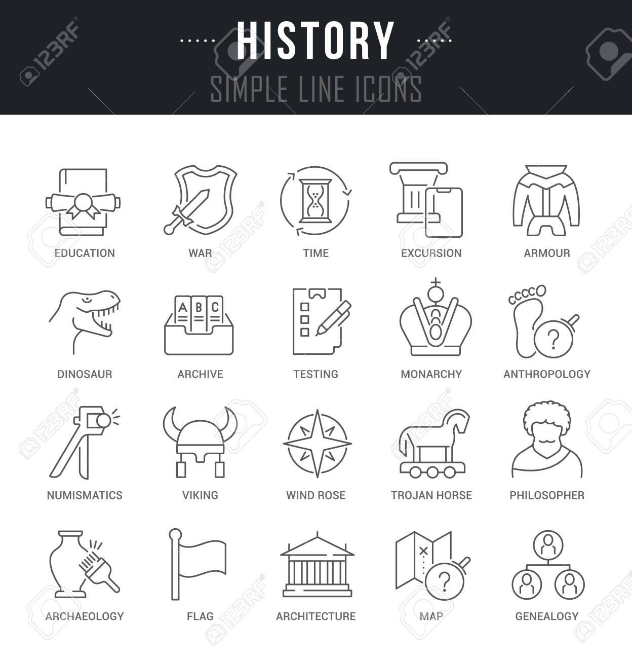 Set Of Outline Signs And Symbols Of History With Names. Royalty Free SVG,  Cliparts, Vectors, and Stock Illustration. Image 120737592., image size:1248x1300