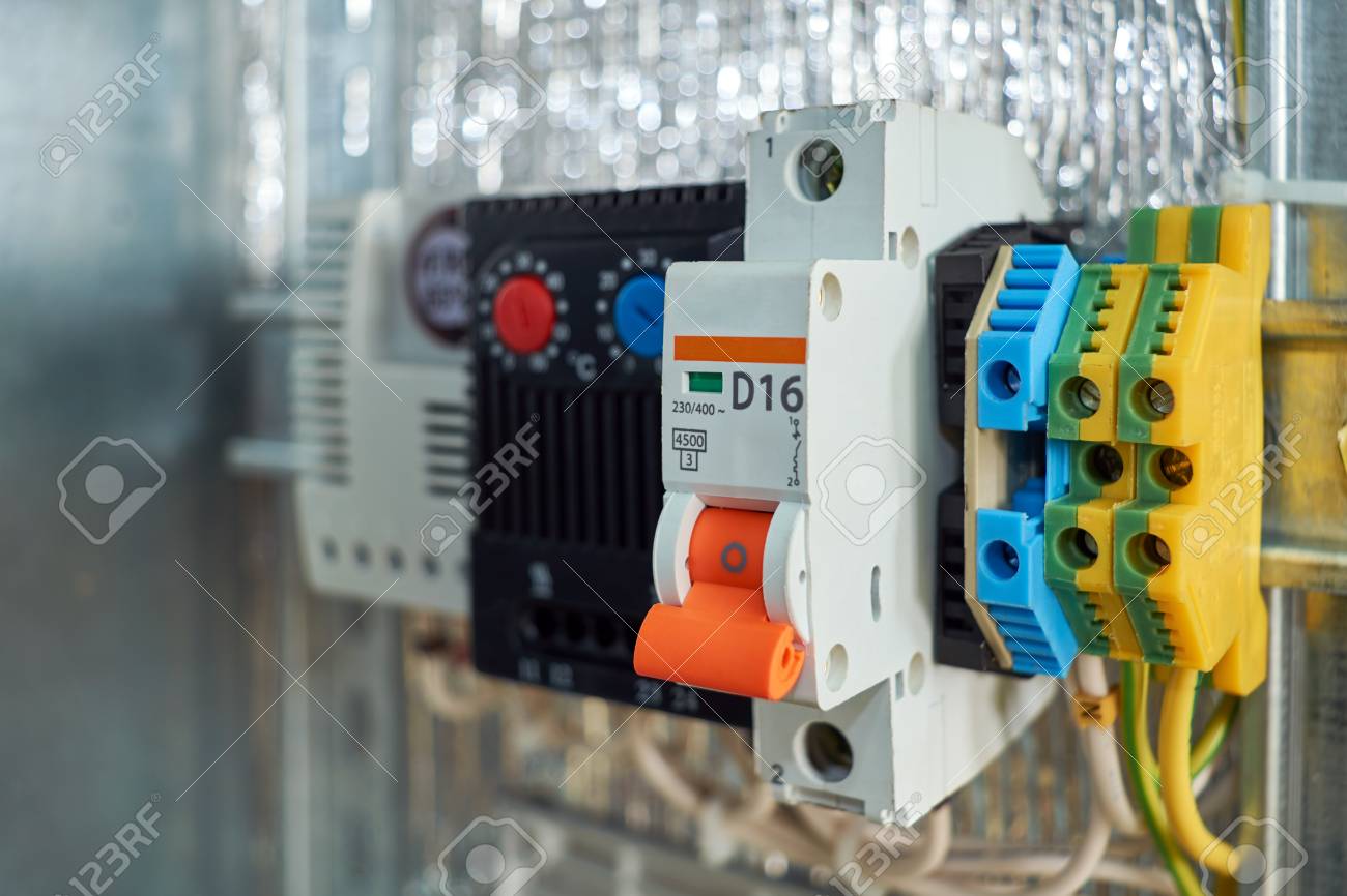 In The Electrical Cabinet Circuit Breaker Thermostat Terminals