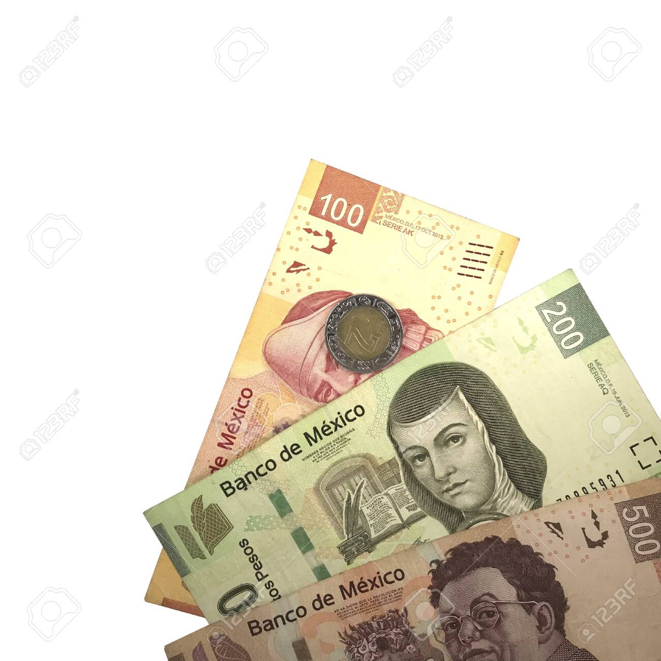 A Group Of 100 200 500 And 1000 Mexican Peso Bills Isolated On White  Background Stock Photo, Picture and Royalty Free Image. Image 128679006.