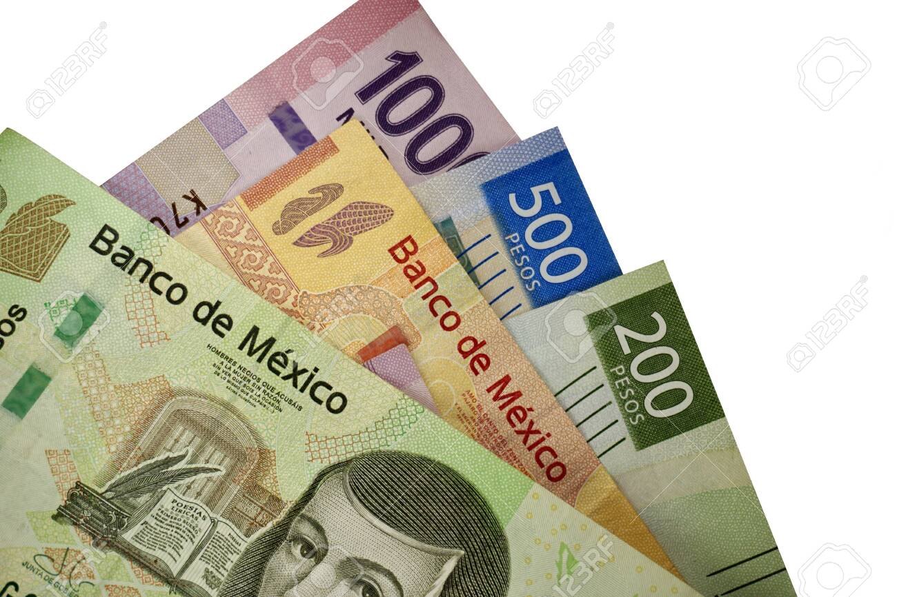 A Group Of 100 200 500 And 1000 Mexican Peso Bills Isolated On White  Background Stock Photo, Picture and Royalty Free Image. Image 136551103.