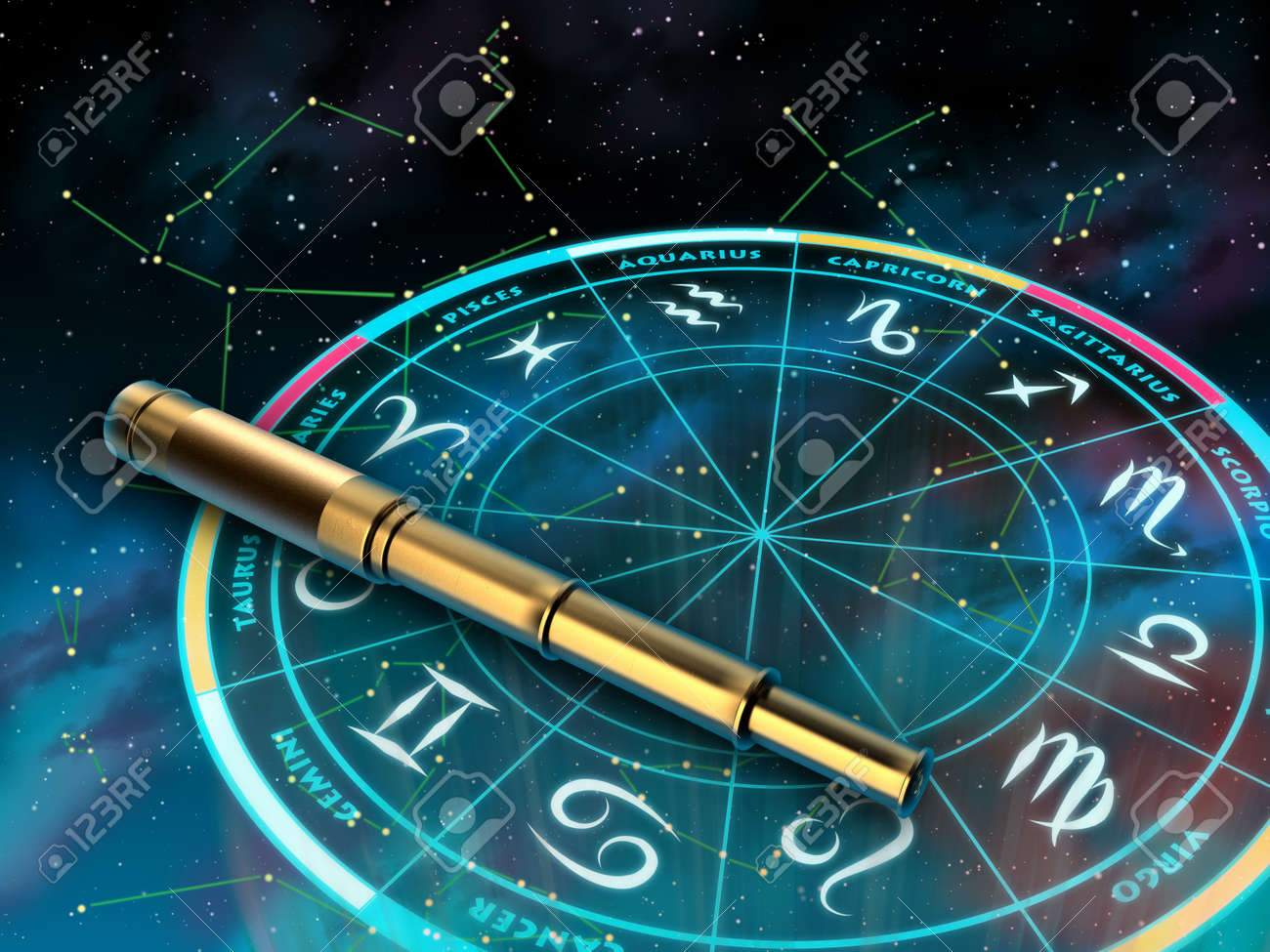 星座と空の背景の上の望遠鏡のホイール デジタル イラスト の写真素材 画像素材 Image