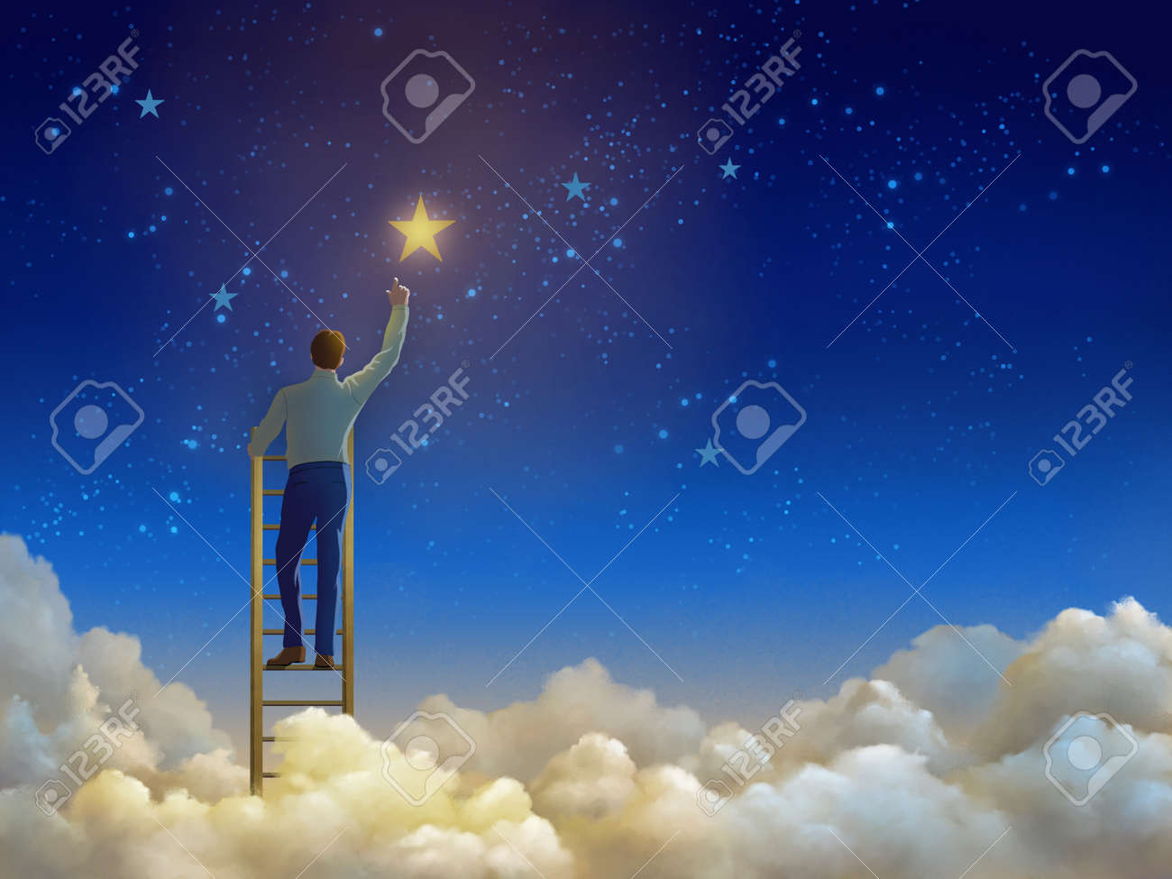 Man Climbing A Ladder Over The Clouds And Reaching For The Stars Stock Photo Picture And Royalty Free Image Image