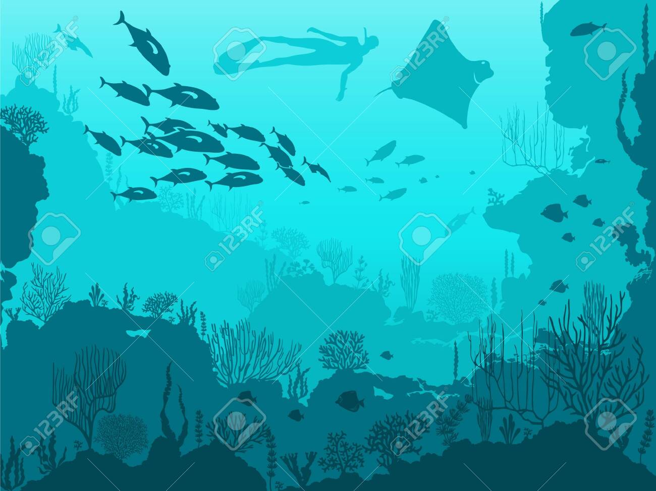 Underwater Ocean Fauna. Deep Sea Plants, Fishes And Animals. Marine Seaweed, Fish Under Water And Animal Silhouette With Corals, Algae Seaweed Cartoon Vector Background Illustration Royalty Free SVG, Cliparts, Vectors, And Stock Underwater Ocean Fauna. Deep Sea Plants, Fishes And Animals. Marine Seaweed, Fish Under Water And Animal Silhouette With Corals, Algae Seaweed Cartoon Vector Background Illustration Royalty Free SVG, Cliparts, Vectors, And Stock