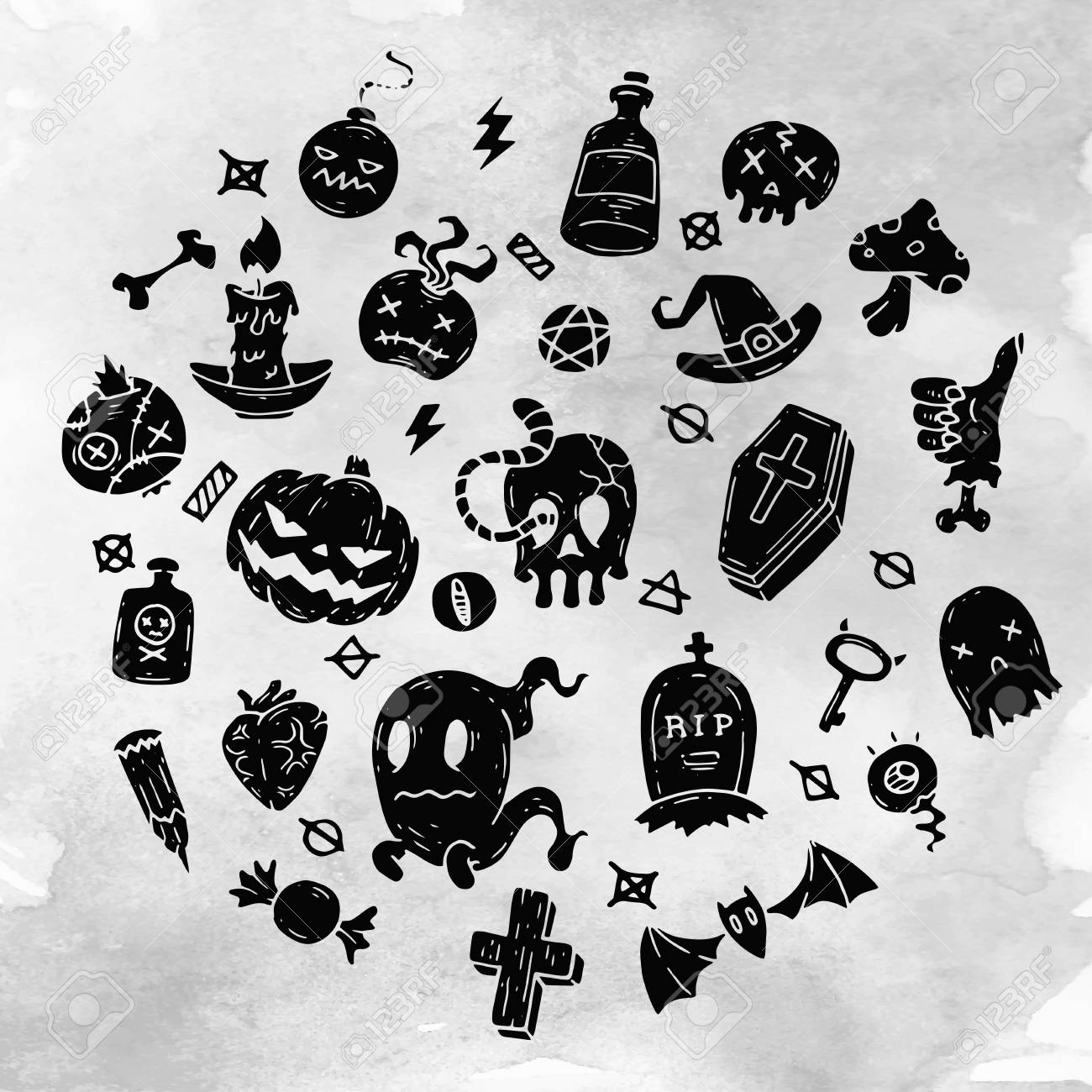 漫画の設定ハッピーハロウィン アイコン ハロウィン ステッカーを設定します 漫画のアイコンとその他の要素 ベクトルの図 かわいいハロウィンの文字 のイラスト素材 ベクタ Image