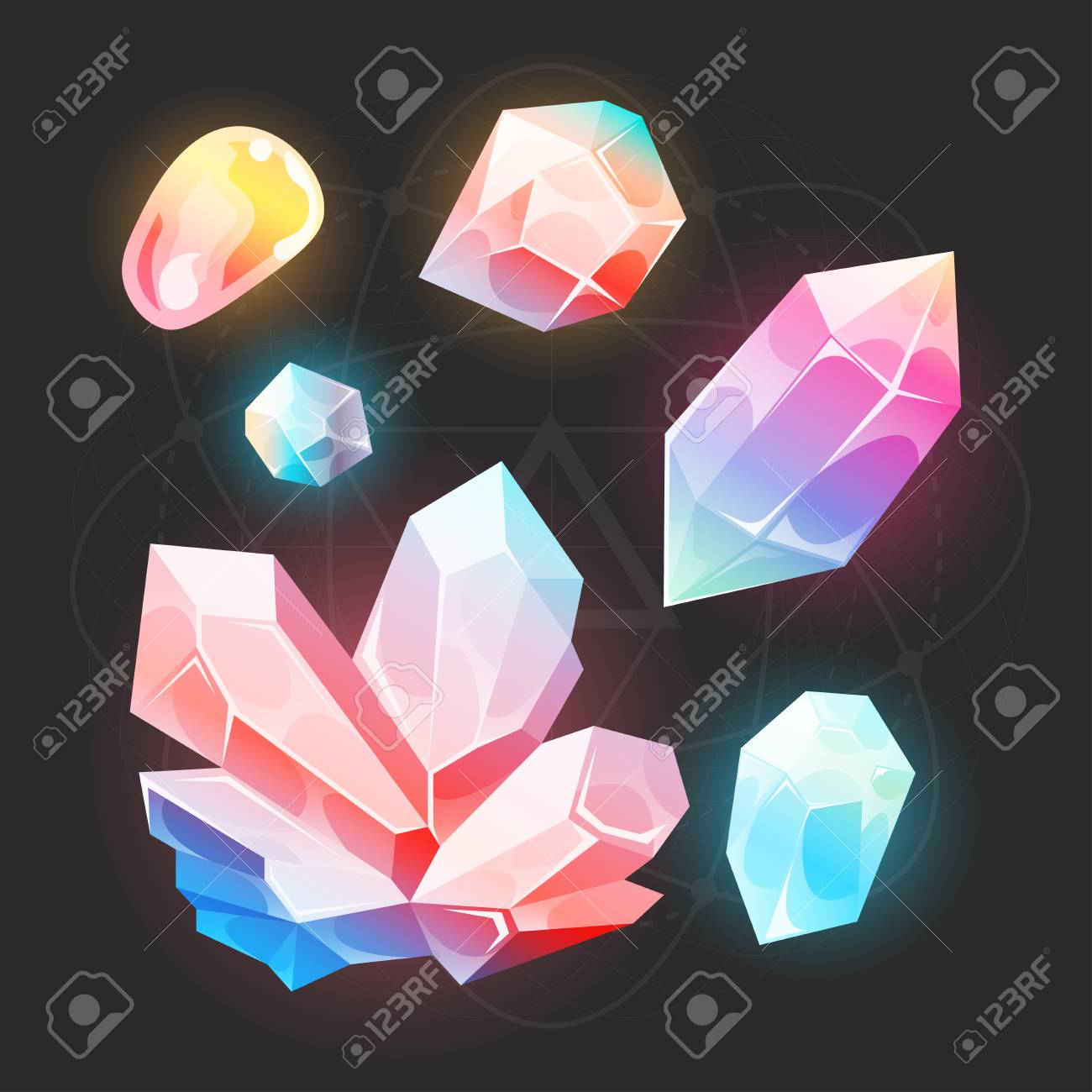 光沢のある 明るい宝石石 鉱物および宝石のアイコン Web とアプリケーションのためのセットのイラストのイラスト素材 ベクタ Image