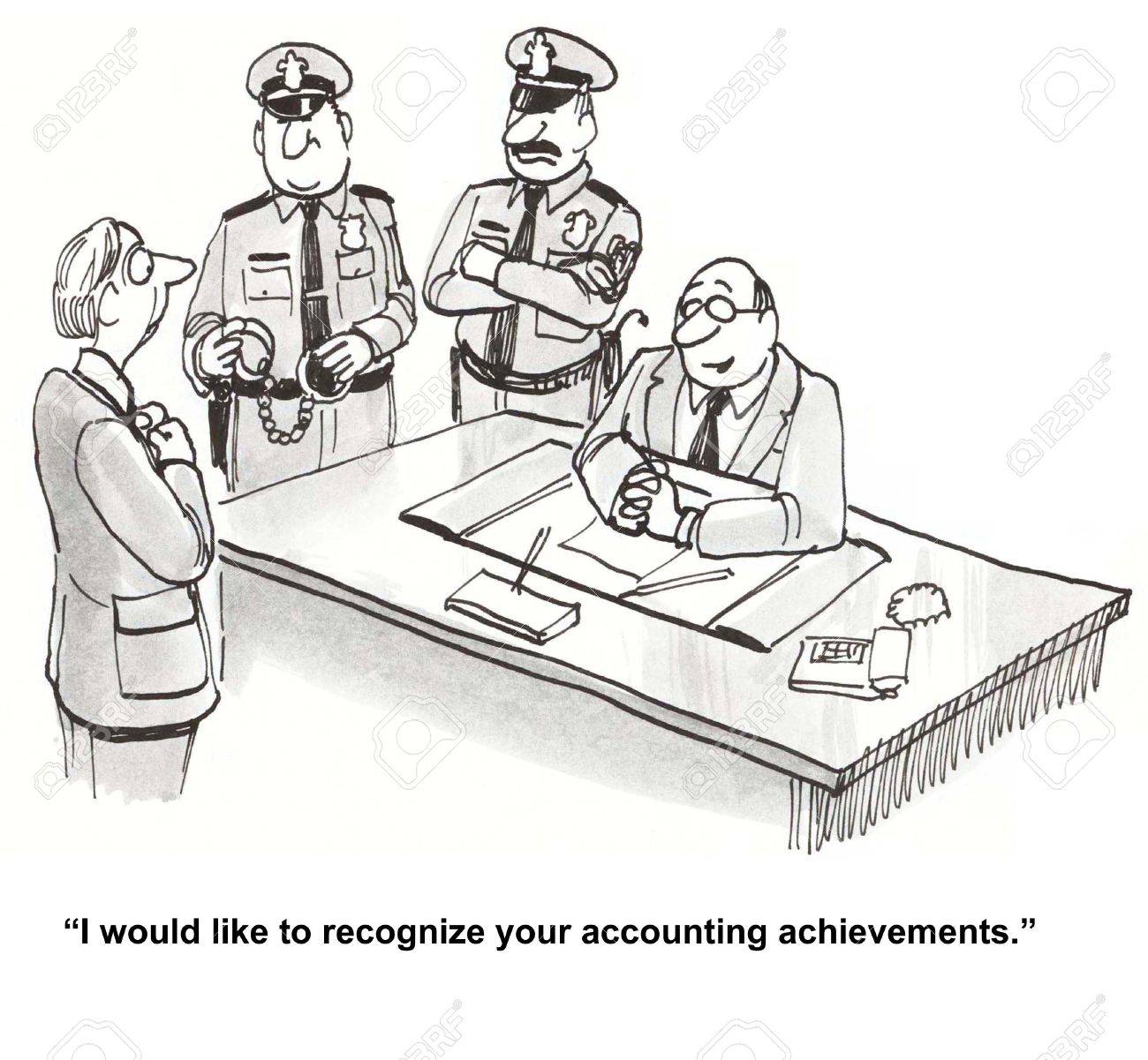 Cartoon of business boss with police, he tells accountant he would like to recognize his accounting achievements. - 36809001 Cartoon of business boss with police, he tells accountant he would like to recognize his accounting achievements. - 36809001