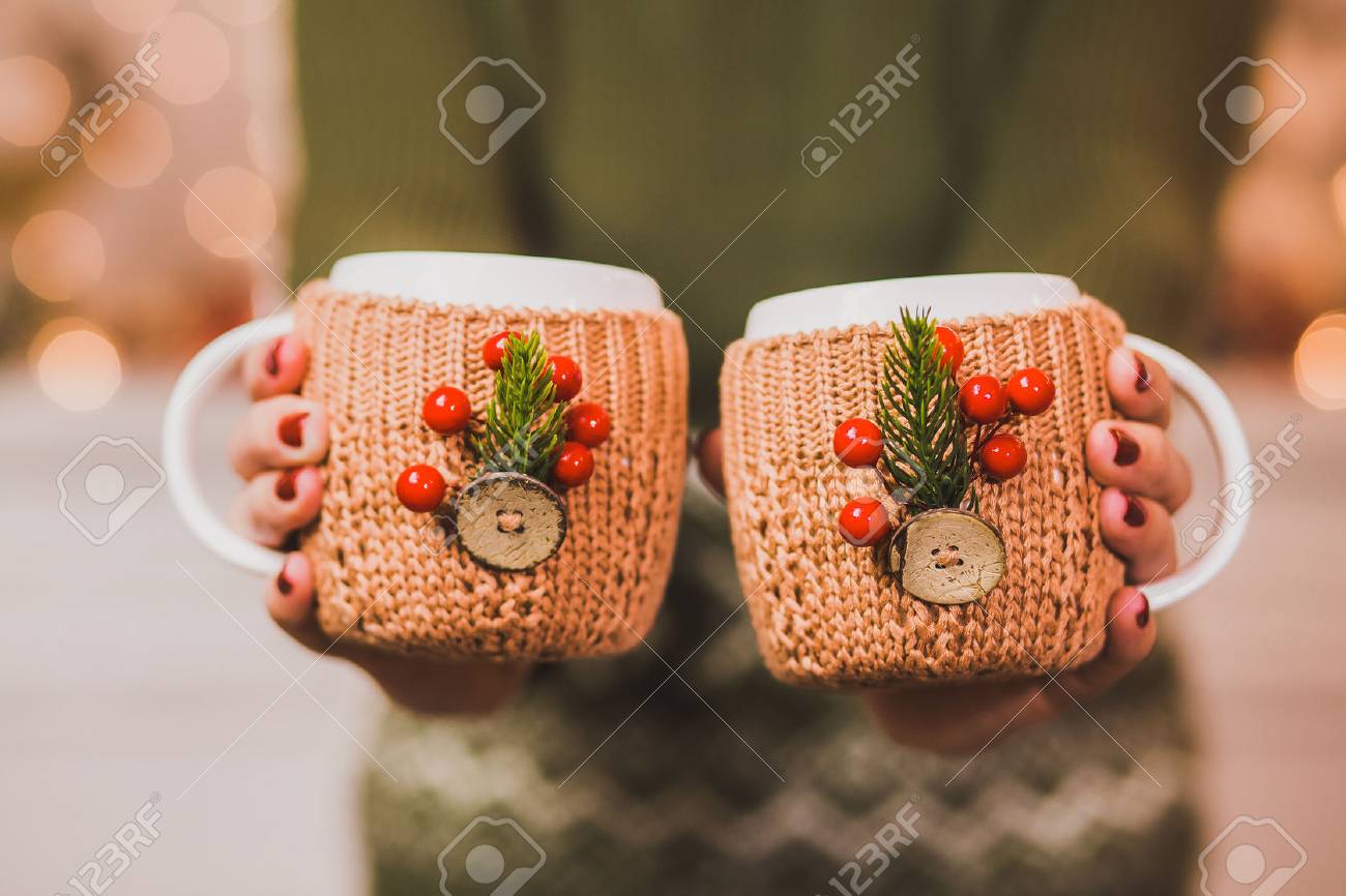 Cute Winter Christmas Mugs Cups Of Hot Tea Or Coffee Or Cocoa Stock Photo Picture And Royalty Free Image Image 67329045