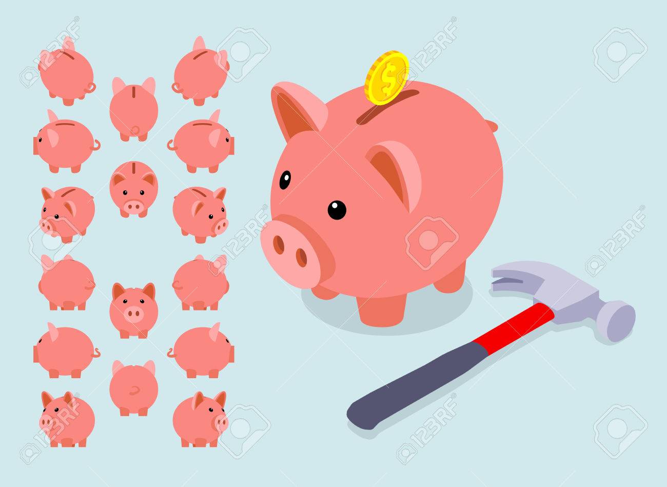 Isometric piggy bank. Set of the piggy moneyboxes. The objects are isolated against the light-blue background and shown from different sides - 45788306 Isometric piggy bank. Set of the piggy moneyboxes. The objects are isolated against the light-blue background and shown from different sides - 45788306