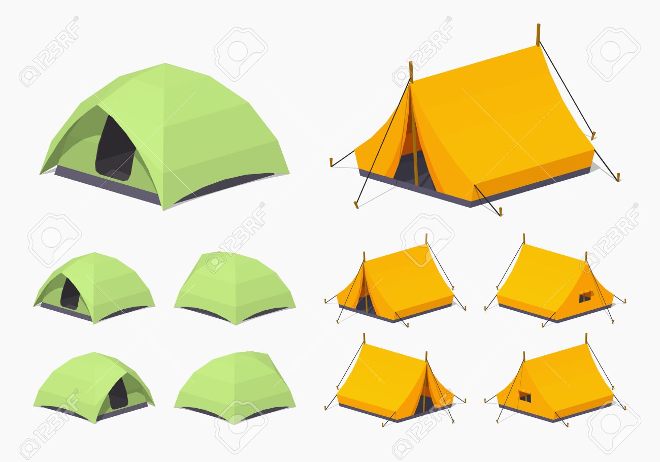 Camping tents. 3D low poly isometric illustration. The set of objects isolated against the white background and shown from different sides - 51511053 Camping tents. 3D low poly isometric illustration. The set of objects isolated against the white background and shown from different sides - 51511053